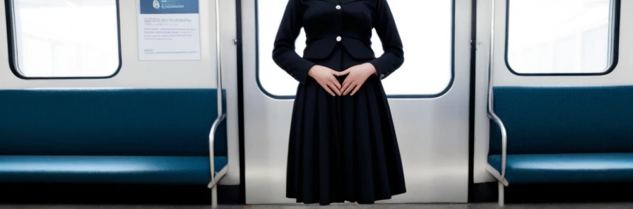 (Makima from chainsaw man) she's wearing black heels and she's wearing dark brown tights and she's wearing a light gray pleated skirt and she's wearing a white collared shirt and she's wearing a navy blue blazer and she has long red hair and yellow eyes and she has a baby bump and she's giving birth while standing on a train and she's starting to push and she can feel the baby's head starting to crown.