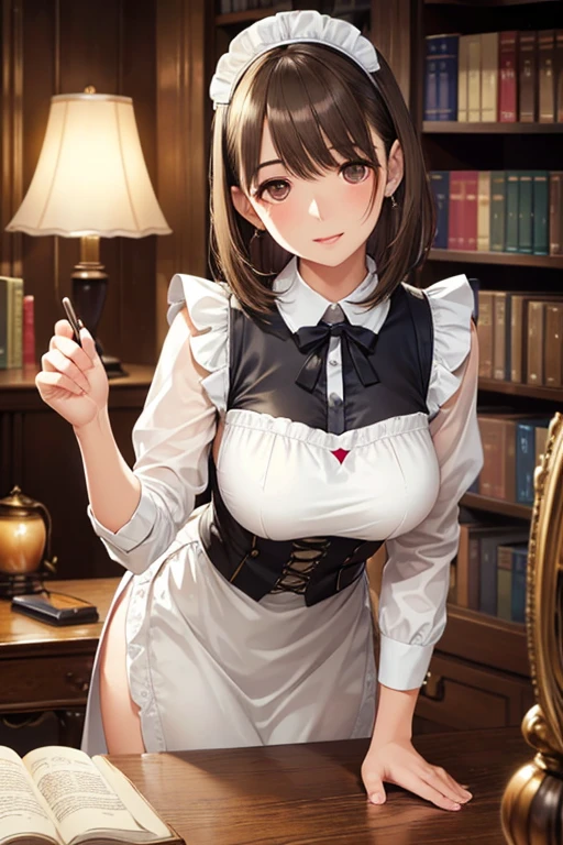 (masterpiece:1.2, highest quality), (realistic, photorealistic:1.4), beautiful illustrations、Bow tie watching the audience,Front view, (((Maid clothes with wide open chest))) 30 years old、perfect face, Cute symmetrical face, shiny skin, 
random hairstyle、Big eyes, droopy eyes, long eyelashes、beautiful thighs、Tall and beautiful hair, beautiful face, fine and beautiful eyes, beautiful clavicle, beautiful body, beautiful breasts, beautiful thighs, beautiful feet, beautiful fingers, 
((fine fabric texture)), 
(beautiful scenery),(business office background), Are standing, (smile),  (((skirt lift, panties are visible)))
