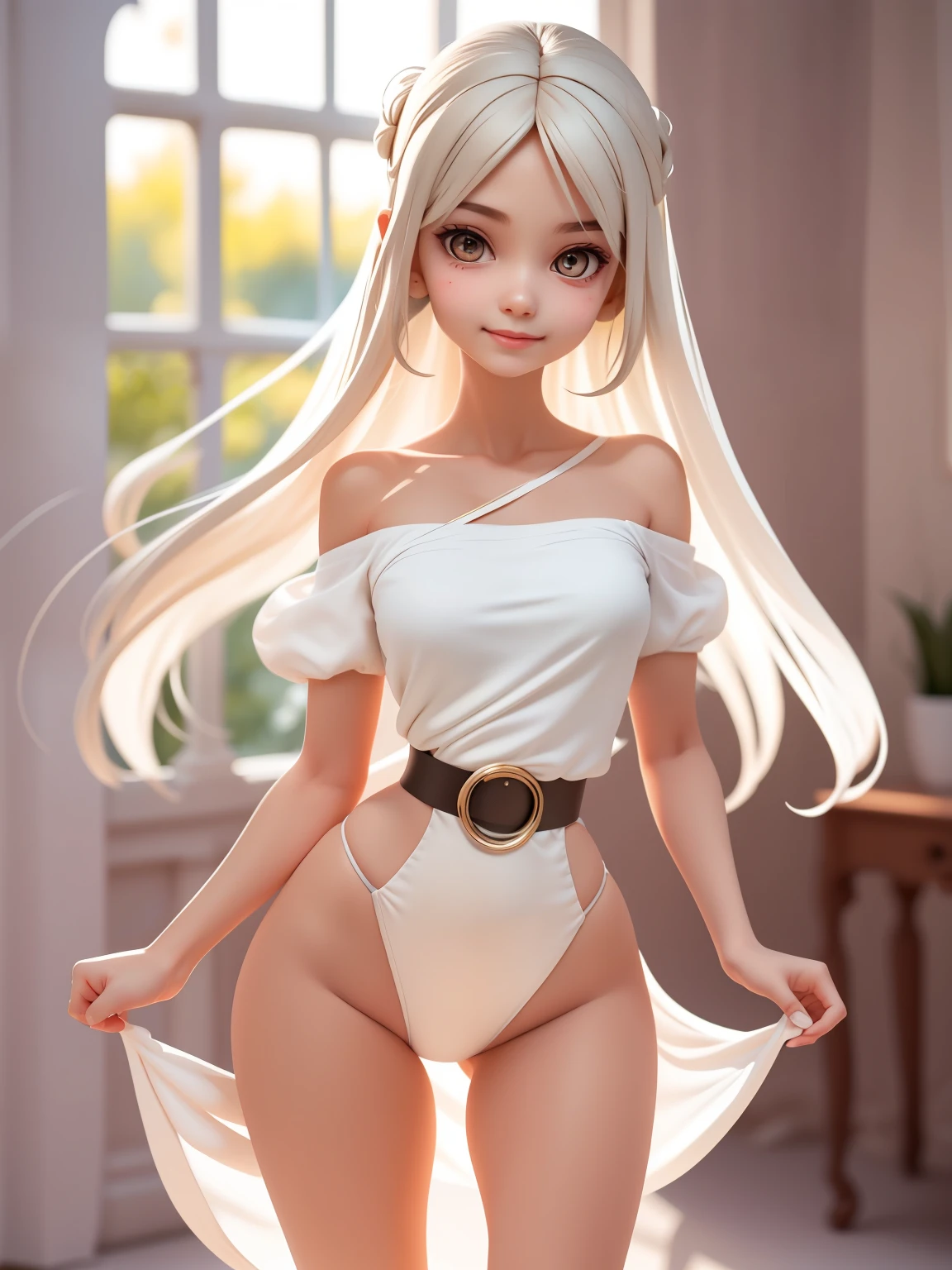 Mesa, Best Quality, detailed face, (detailed eyes), Detailed hand, and smiling girl 、underwear, Flower diadem, having a 、erotic body、sexy lingerie、Panties that dig into the buttocks.、Full body photo、back view、looking back