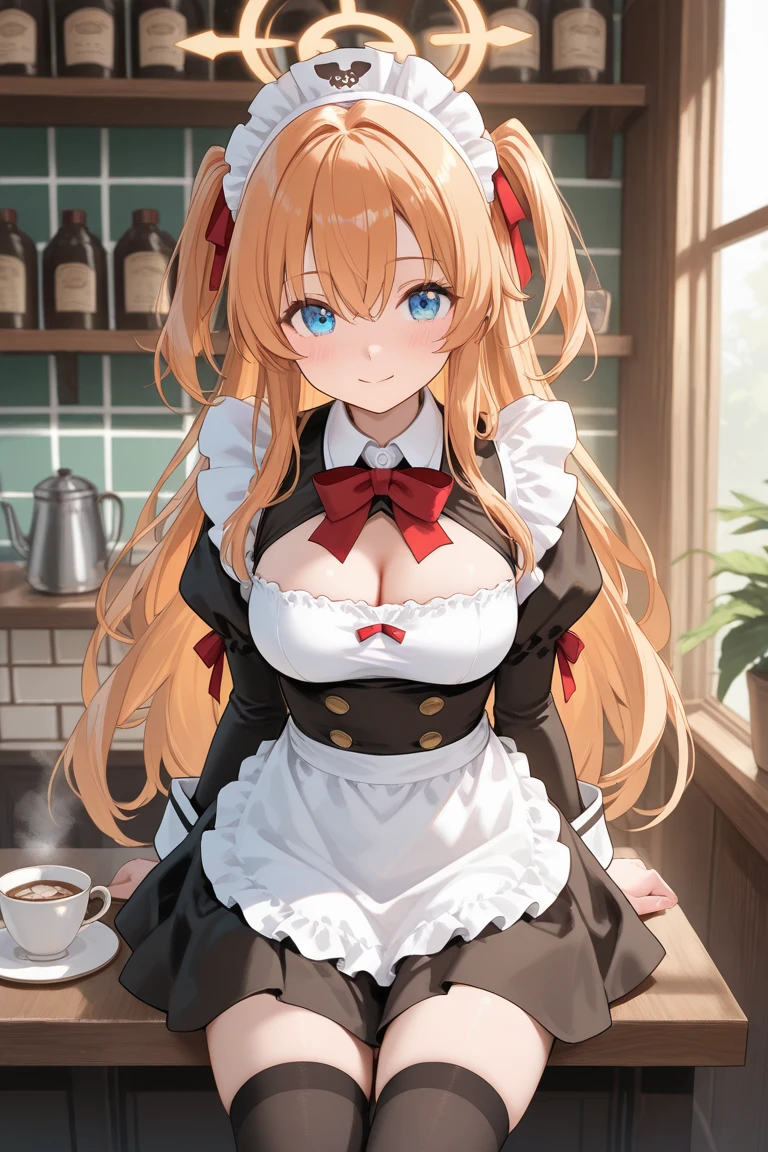 highest quality、smile、Big Breasts、Cleavage、Maid clothes、Fox ears、Long blonde、Red Eye、Cafe
