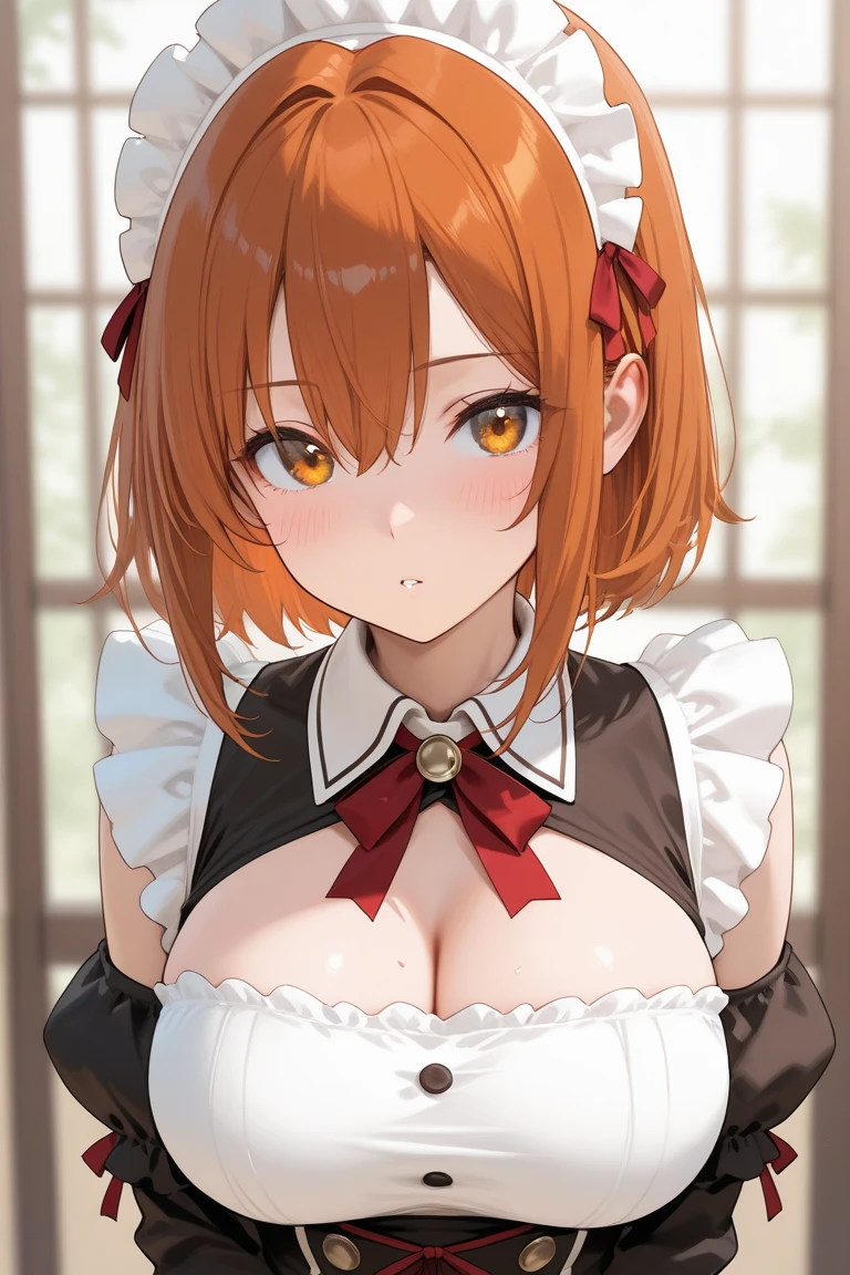 mastute piece,Best Quality,insanely detailed,8k cg,nsfw,
(shoot upper body:1.3),
(1girls:1.3),standing,looking at viewr,body in front,(arms behind back:1.4),(orange sailor maid:1.3),ホワイトプリム,(bare breasts),break,
blush,shy,(ecstasy face),(trembling:1.2),break,(light orange hair:1.3),
break,
perfect breasts,perfect teats,(open mouth:0.9),(large breasts:1.2),
(bedroom),