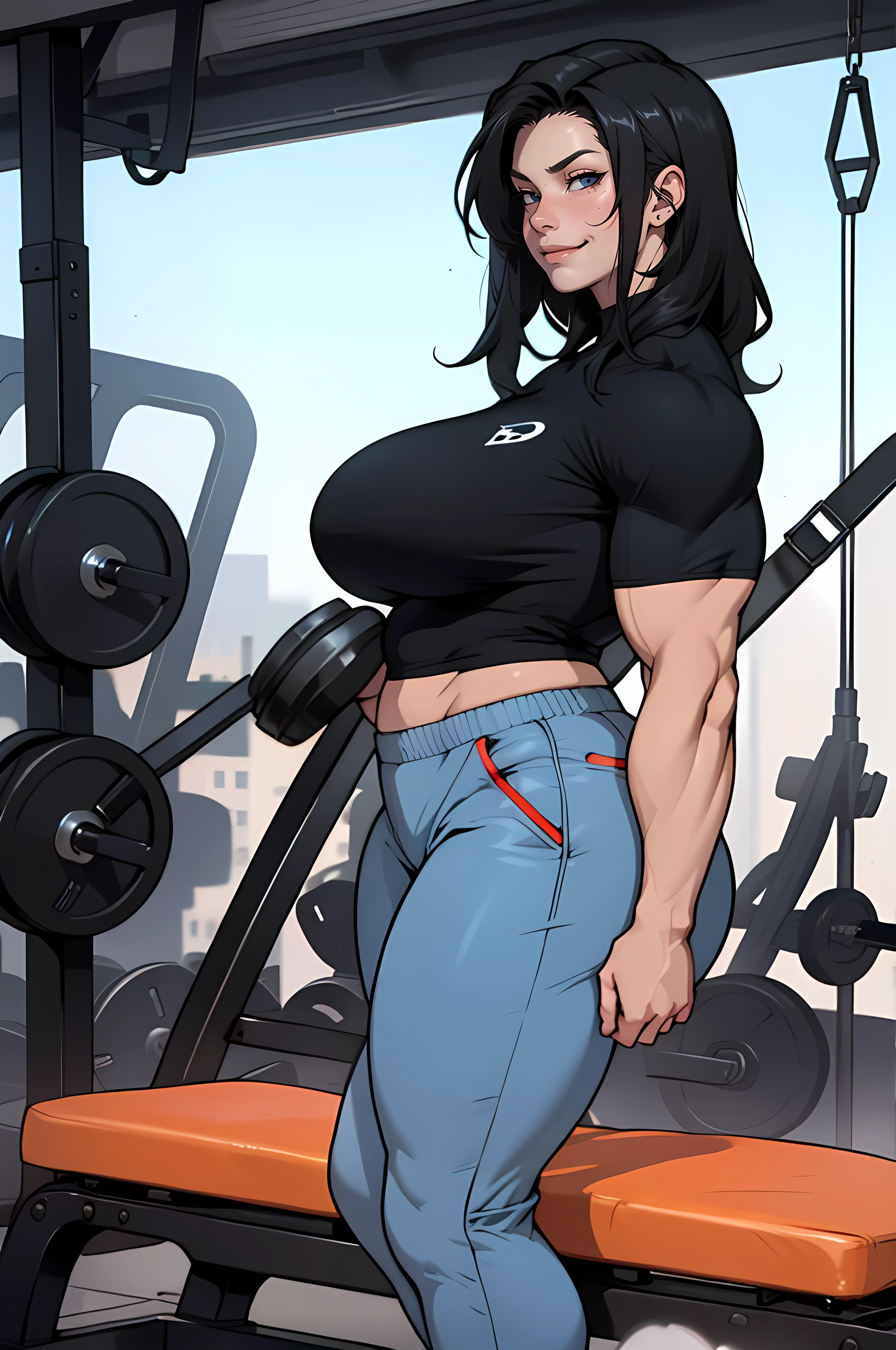 solo, 1 girl, (very long hair), black hair, angry, yellow eyes pale skin (wide hips thick thighs curvy muscular toned body bodybuilder huge tits) longsleeve leotard