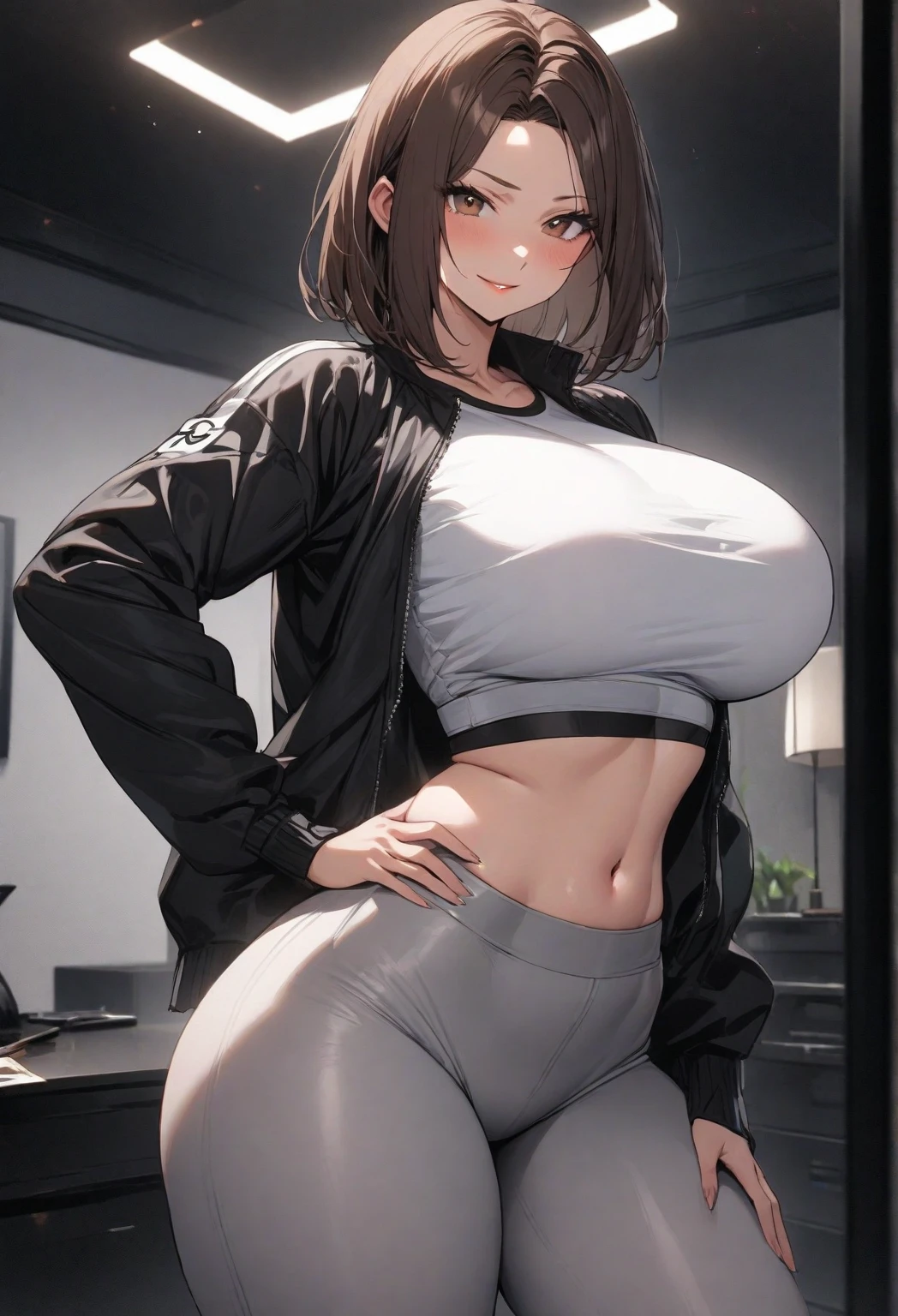 Super huge big breasts breast enlargement blush shy shut up smile full-body shot 54M5UNG, freckles, blue eyes, brown hair,mole under eye