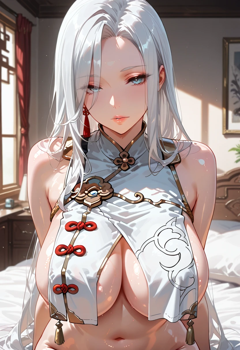 (masterpiece, sidelighting, finely detailed beautiful eyes: 1.2), masterpiece*portrait, 3d face, lustrous skin, (illustration),1girl, ((fully nude)), sitting, lotus position, milf, plump body, big breast,nipple, white hair, braided ponytail, blue eyes, hair ornaments, hair over one eyes, long hair, shenhernd, beautiful, parted lips, (portrait), (((face focus))), pussy, pussy juice, clouds, sunset, ((yellow chinese talisman paper)), foggy, (chinese house), intricate background