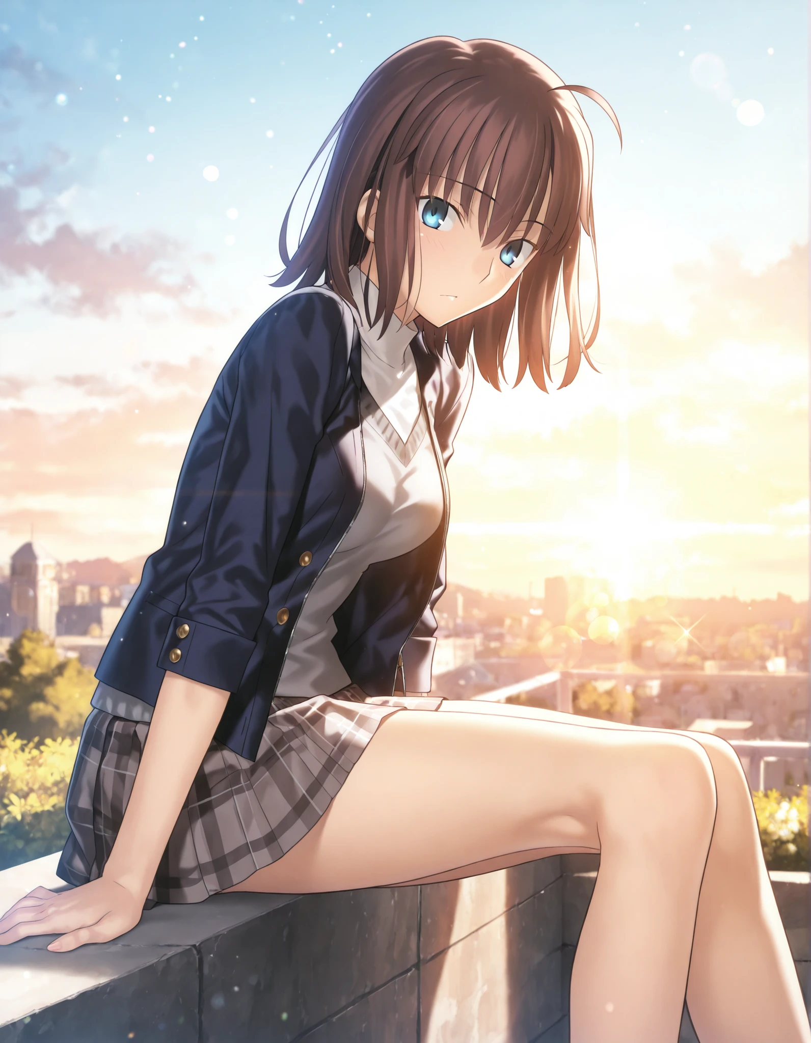 masterpiece, , absurdres, highres, detailed background, high resolution, masterpiece, necessary, detail, best quality, quality, necessary, details, High details, Precise, 8k, outdoors,(colorful light particles, powder light,),day lens flare, blurry background, from side,
1girl, Takeuchi Takashi (type-moon,tsukihime) style, takeuchi takashi style, (aged up),(sky), sitting, ((very long legs)) ,
very tall girl, (slender body, slim arms, slim bod), solo, ,
sajouayaka (Fate_Prototype), dark brown hair, medium hair, blue eyes, (tsurime), bangs, hair between eyes, ahoge, ,(school uniform ,dark blue open jacket ,gray sweater, white undershirt ,grey brown skirt, pleated skirt, plaid skirt), ,(medium breasts),(looking at viewer), ,, , ,