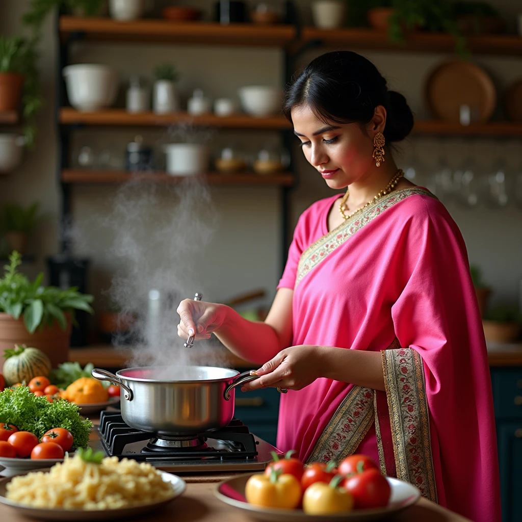Create a Indian beautiful girl wearing a maroon colour dress, she cooking on royal kitchen And eating food more attracted