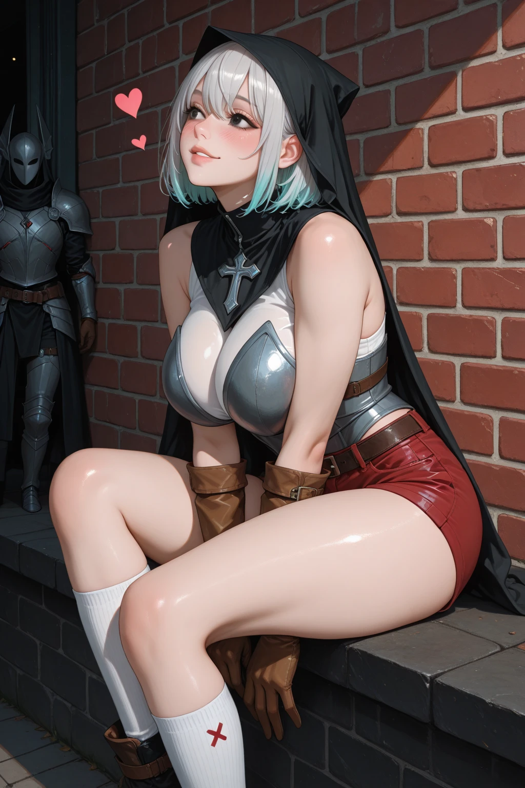(Princess Zelda), ((wearing black ninja costume with blue parts, extremely tight on body, hood))}, ((extremely large breasts)), ((pink hair, green eyes)), ((doing sexual pose leaning somewhere, looking at the viewer, with a look of sexual desire, smiling)), ((in a macabre graveyard, it's night, lighting of lamps nailed to the walls, skulls on the floor, tombstones, tombs)), ((mortal kombat)), ((full body):1.4), 16k, UHD, Better quality, better resolution, better detail