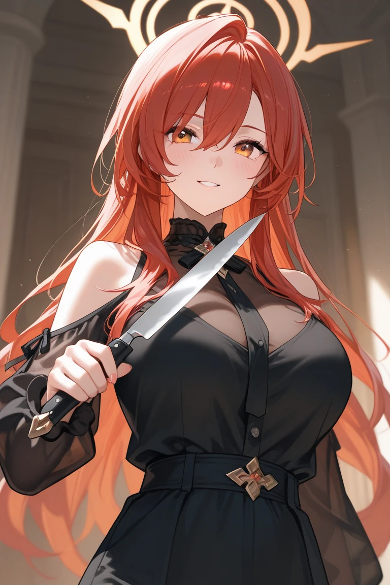 one Women (with big breasts) wears a cool, tight black and red dress, ties her hair up long, redwhite hair, red eyes, smiles crazy, and holds a knife., blood