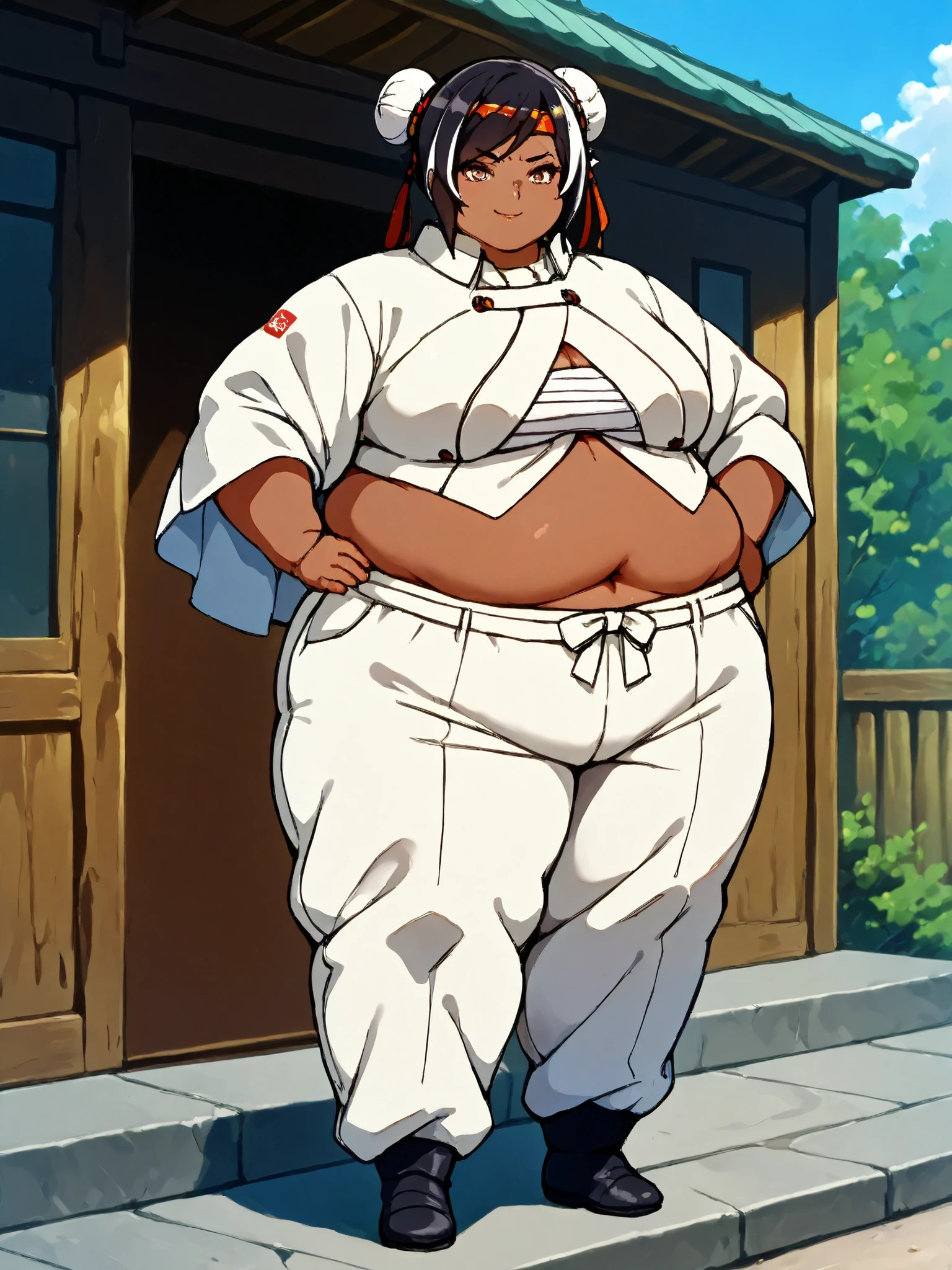 masterpiece, best quality, score_9, score_8_up, score_7_up, score_6_up, outdoors, 1girl, xinyan, long hair, hime cut, twin braids, double bun, bangs, parted bangs, twin tails, black hair, multicolored hair, brown eyes, dark skin, female focus, solo, white jacket, white pants, headband, short hair, smile, black footwear, coat, crop top, midriff sarashi, sarashi, full body