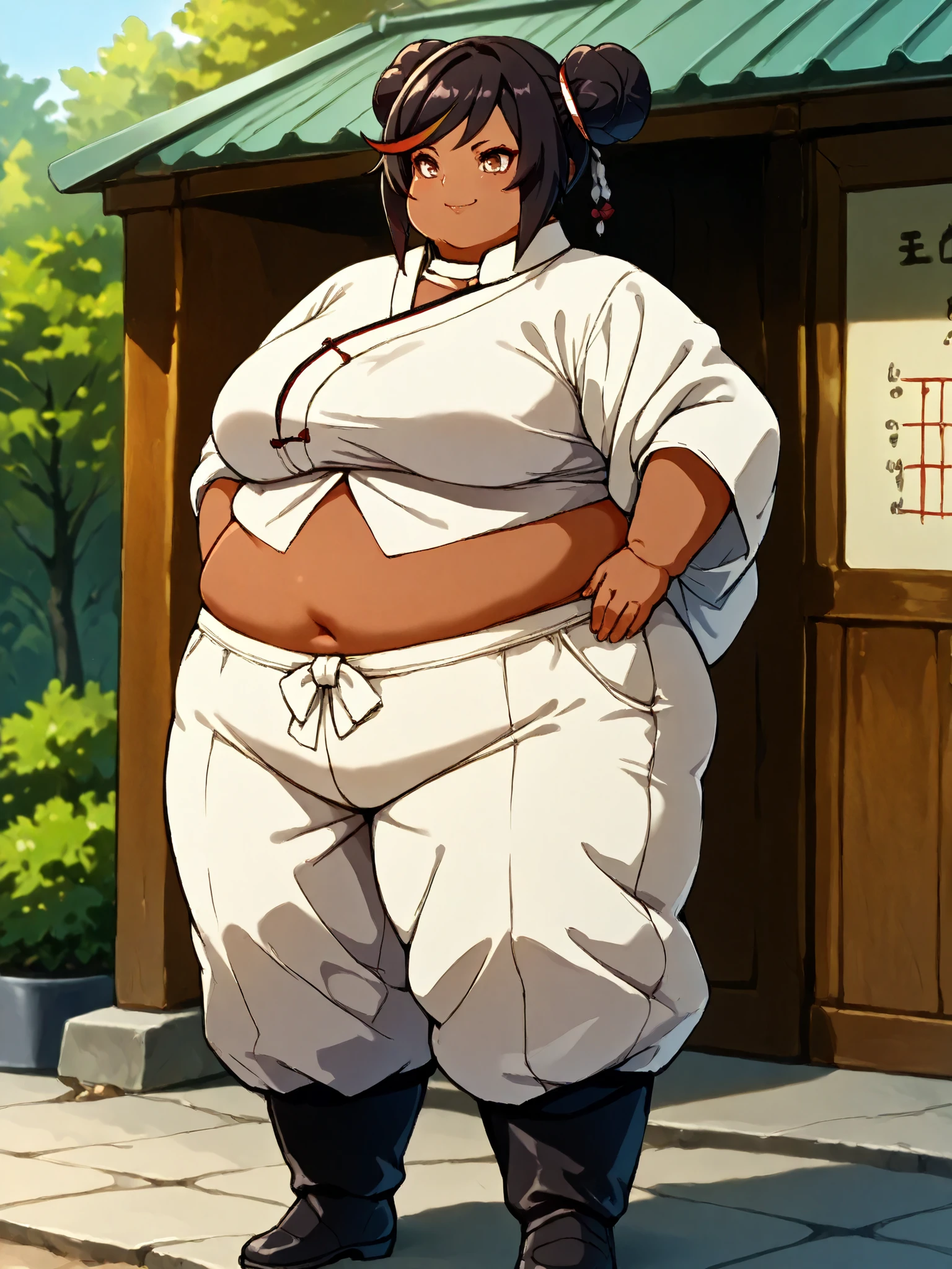 masterpiece, best quality, score_9, score_8_up, score_7_up, score_6_up, outdoors, 1girl, xinyan, long hair, hime cut, twin braids, double bun, bangs, parted bangs, twin tails, black hair, multicolored hair, brown eyes, dark skin, female focus, solo, white jacket, white pants, headband, short hair, smile, black footwear, coat, crop top, midriff sarashi, sarashi, full body