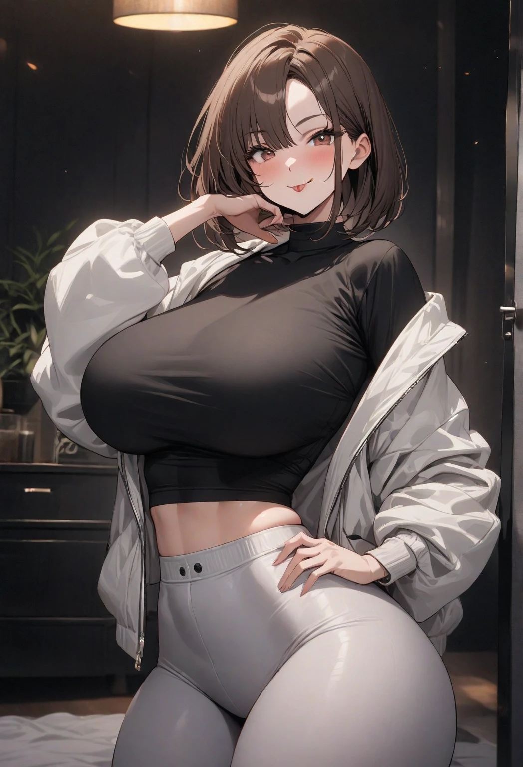 A 29-year-old girl who works as a porn actress, Clothes: a tight cropped black top, short latex pants, long brown hair, black eyes, high quality, blur, beautiful, Women, blush on the cheeks, white vest falling off his shoulders, big tits.