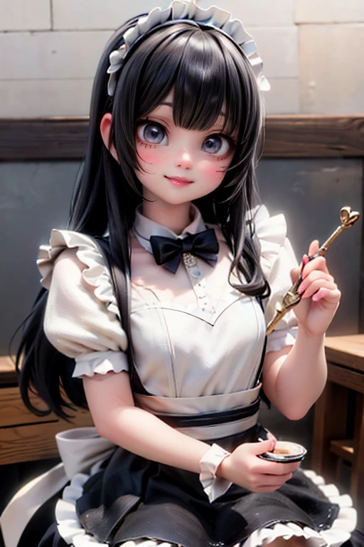 Hyper realistic photo, Cute busty girl with big eyes, large head, as a Playboy model wearing a cute police uniform , frilly skirt with large eyes and big head tiny body laughing at a tea party