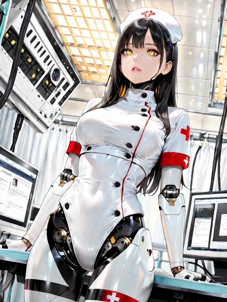 masterpiece, best quality, extremely detailed, (8K, 4K, Best Quality, hight resolution, 超A high resolution:1.1),8k portrait, Japaese android Girl,Plump , announcer,control panels,android,Droid,Mechanical Hand, Robot arms and legs, Black Robot Parts,Black hair,Mechanical body,Blunt bangs,perfect mechanical abdomen,White robotics parts,perfect robot woman,future laboratory,cyber pank,charging spot,laboratory,long tube,thick cable connected her neck,ceramic body ,perfect mechanical body, white robot body,lod antenna,mechanical ear cover,android,robot humanoid,black sponge joints,The removable cover is in the groin,The connection port is in the groin,opened chest panel,access panel on the chest,opened breast panel,perfect mechanical breast,white machine body,white robot body,white ceramic breast,perfect plastic breast,She has repaired,assembly plant,miniskirt,black knee high socks,low ponytail(low ponytail:1.4)