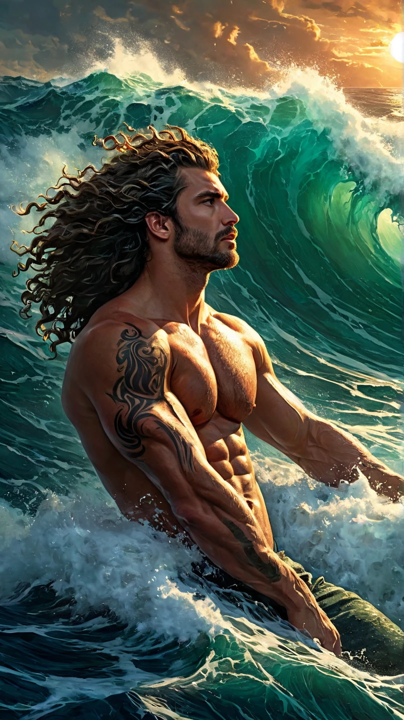 Sexy god Poseidon, Coming out of the sea half naked, with his trident in his hand, Looking seductively at the viewer, sunny lighting.