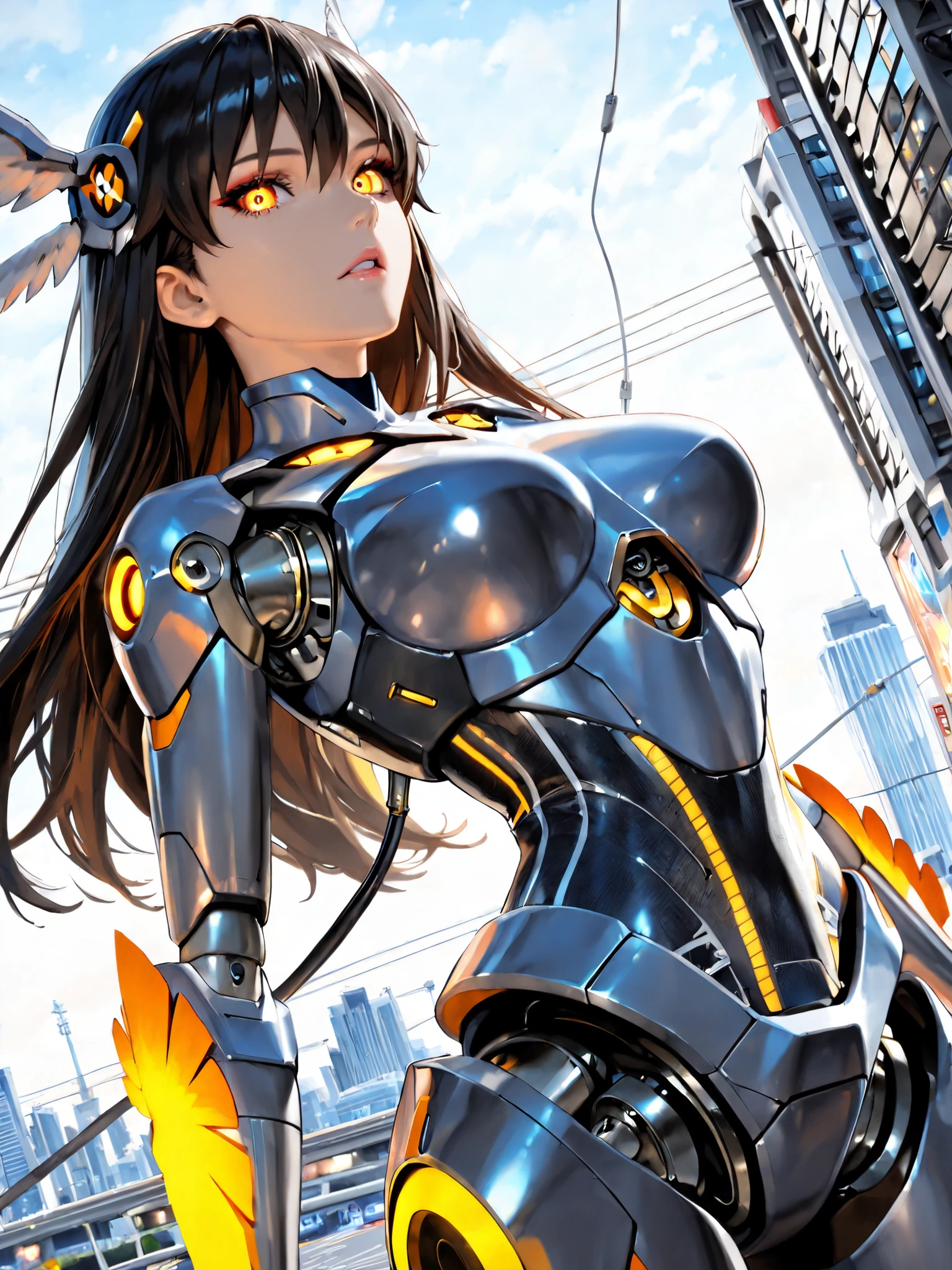The most beautiful and sexy mecha warrior girl, long brown hair in a ponytail, yellow eyes, wearing a highly detailed futuristic hooded mecha battle armor, mechanical angel wings, huge enormously gigantic tits, cleavage showing, tons of tattoos and piercings, in hyper futuristic city metropolis, cherry blossoms blowing in the wind, highly detailed background, absurdres, highres, ultra detailed, (cute illustration:1.5), (cute,kawaii,sweet:1.2),
(1girl:1.4), bodysuit, cyborg girl,
hyper gigantic mechanical hands,dynamic pose,
nice hands, perfect hands, incredibly cinematic, best quality, best resolution