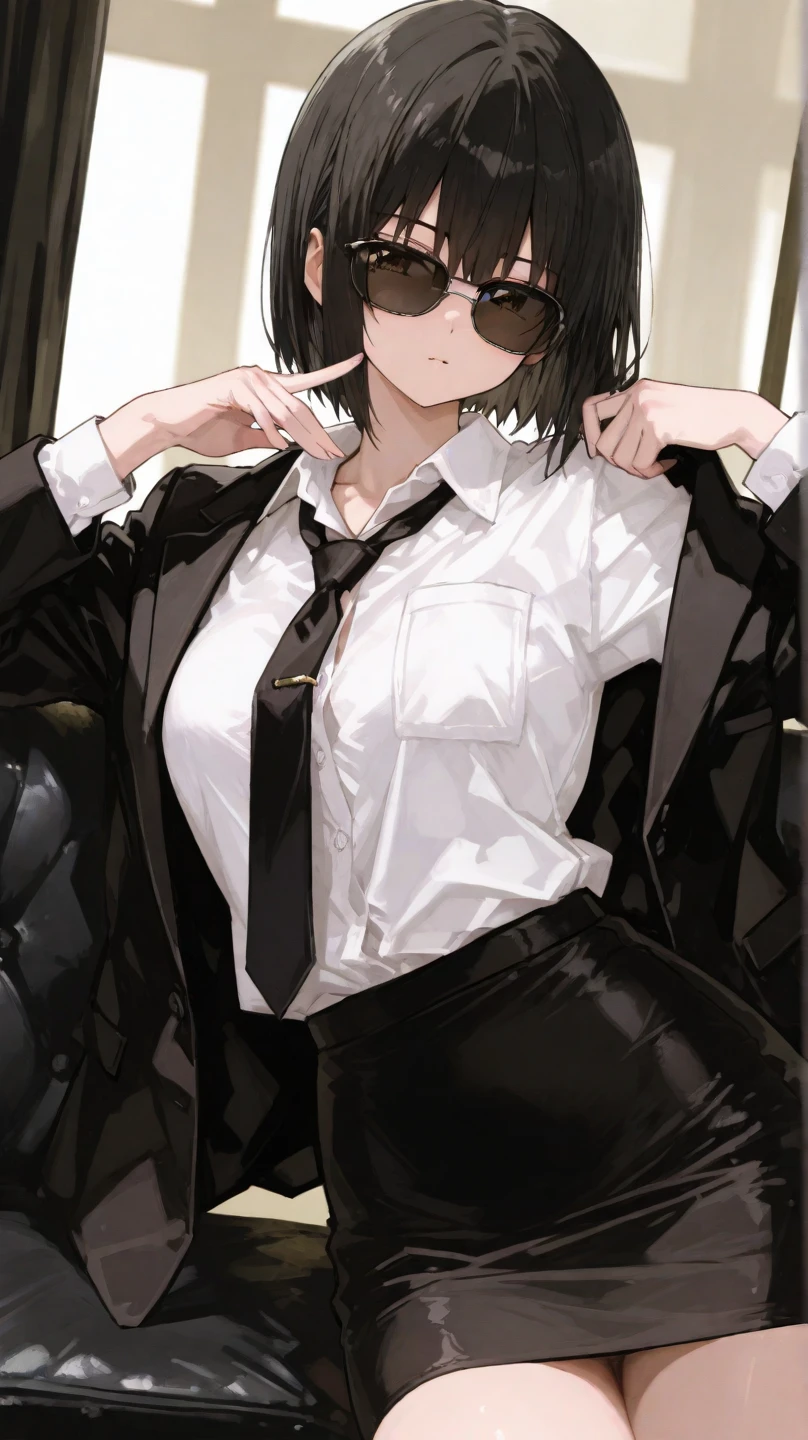 1 Boy, dark hair, ,white shirt, black slacks, black blazer, on sheets, (kneeling:1.0),(((undressing:1.0))),(half-removed blazer:1.8), cool, (sexy:1.8), Fascinating, evil smile,(parted lips), pale skin,(background: on bed in bedroom, sunset outside, dimly lit room, lamp light, soft lighting),(sunset:1.0), The dim,(Facing forward.:1.0),(Looking forward:1.0), Turn body to the front, (night:1.0), high quality, high resolution, masterpiece