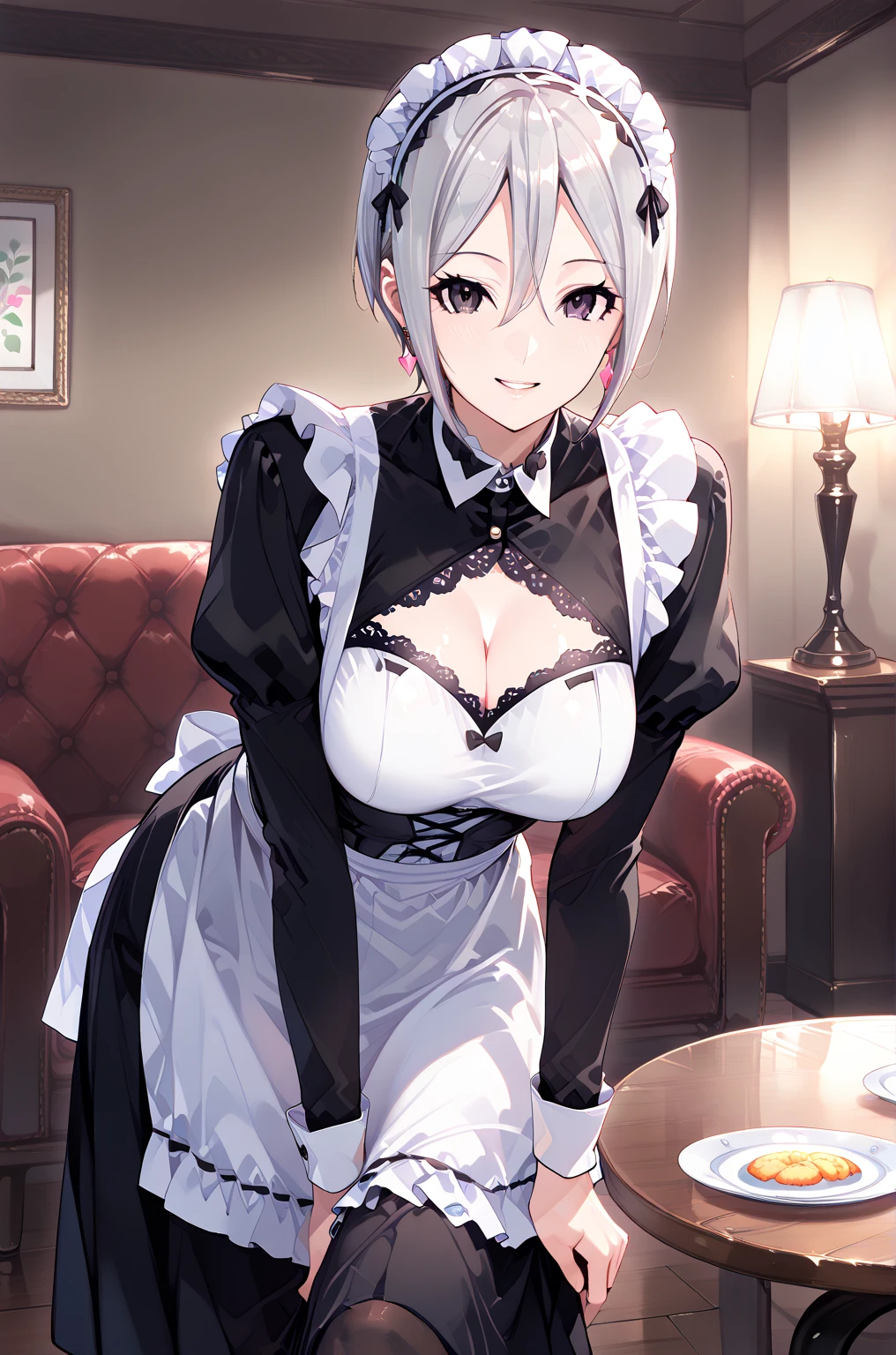 table top best image quality super vivid portrait one woman((adult)) white long gloves(elbow gloves) 白いstockingsランシュ)(stockings)) white maid(sleeveless) sexy smile(double teeth) The hair(hair(short-hair)(Wave) White hair eye color is blue wolf ears
