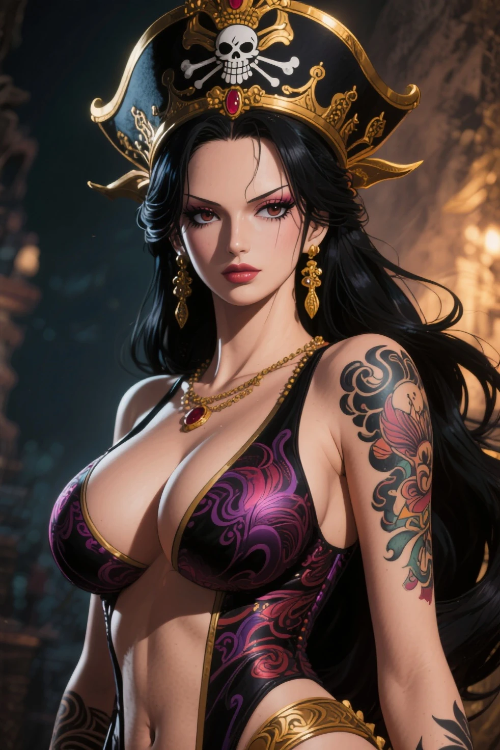(((masterpiece+best quality+high resolution+ultra-detailed))), foto de corpo inteiro, Full body photo from head to toe, pose de mode sexy, boa hancock, long silky black hair, high nose, sharp looking eyes, noble and inviolable temperament, (([Female One]: 1.2 + [Beauthfull]: 1.2 + hair long black: 1.2)), background snake_skull, Breasts huge, glare eyes, Dynamic angle and posture.