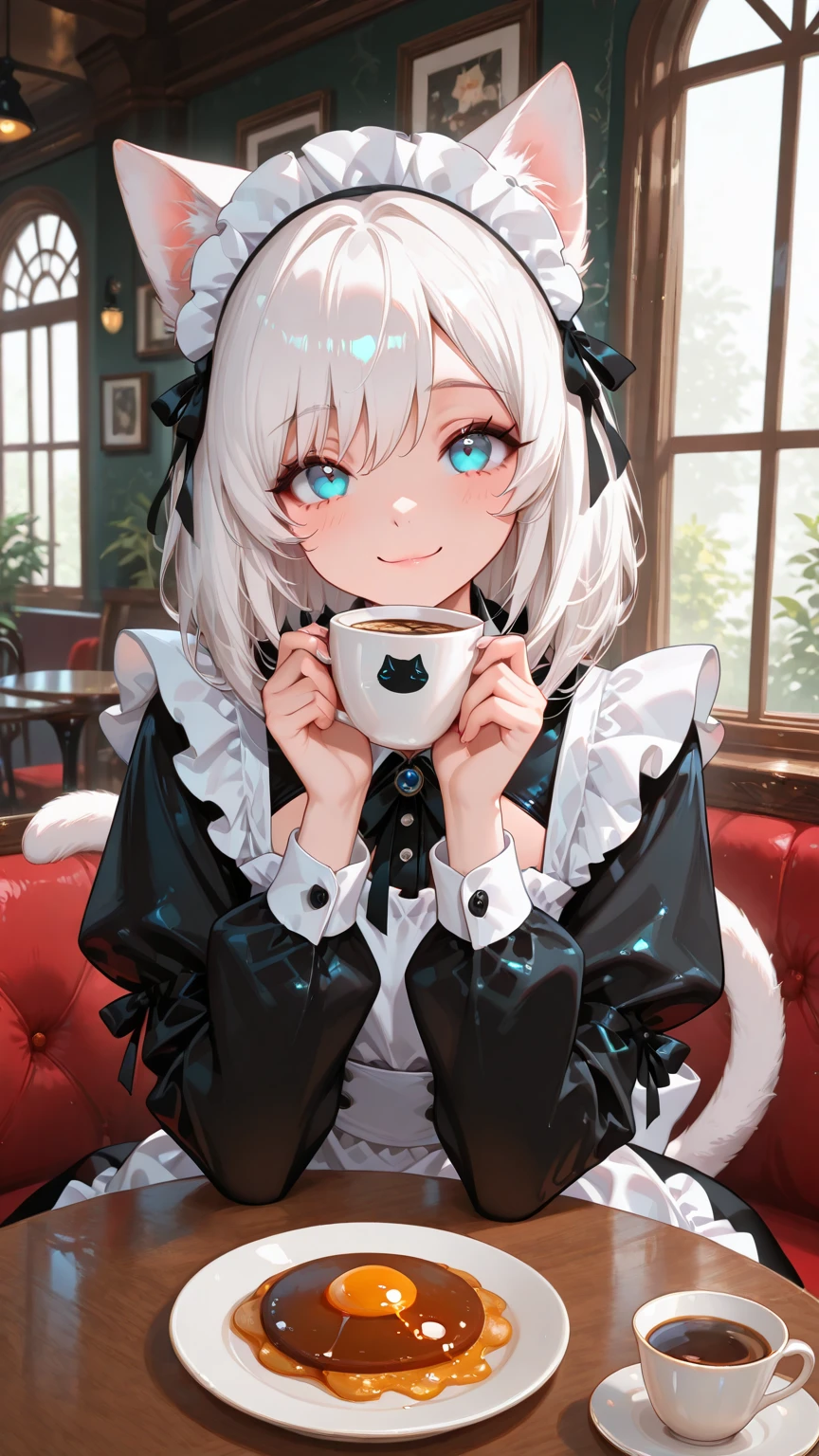Masterpiece, ultra-detailed, Cat Ear Maid, Maid uniform, Tea set placed on desk, Standing full-body portrait, Shy demeanor, smiles coyly, Small breasts, Clothes modestly revealing minimal skin, Cat ear headband adorns her head, Apron covers her chest area, Delicately detailed face, Hands gently cradling teacup, High resolution, 4K, Beautiful rendering of maid uniform and tea set, Maid maintains a coy expression, Subtle blush on cheeks, Detailed shading on face and uniform, 8K, World-class quality, Extremely detailed, High resolution, Impeccably