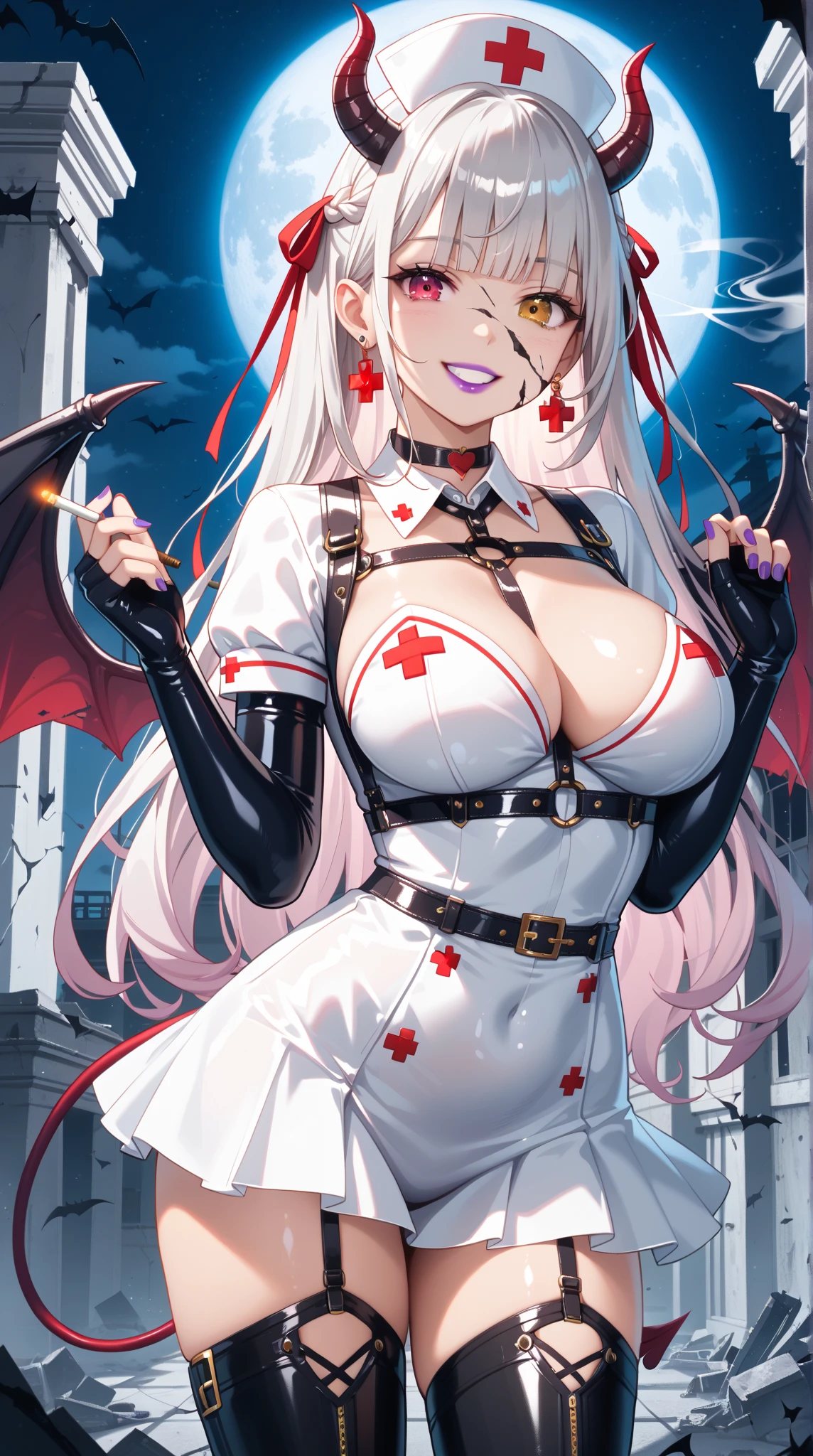 (Nurse's outfit),devil horns, red eyes, In the hospital room, Mind control by a succubus, Sexy latex strip, 3P sex, with devil&#39;s wings, Inverted cross necklace, big bust,Nurse's outfit, dark, night, pigtails