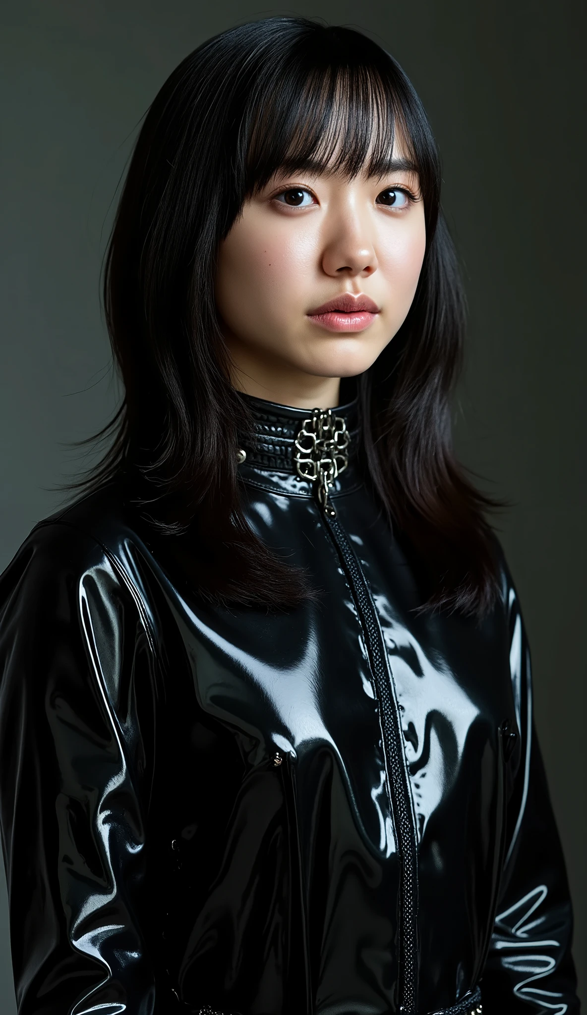 Beautiful Japanese woman in black latex full body suit, ((Perfect Shiny Suit)), ( crying face, (leather), bondage,Slave's Iron Collar, Iron Collar with Chain,rope restraint, ((black whip in the right hand)), binding:1.5)、(Highest Quality:1.2, masterpiece)、ultra high resolution、Very Surrealist, 、(Realistic:1.4)、raw photo、black semi-long hair、(schoolgirl)、Big Audience, runway, spotlight, looking at camera.