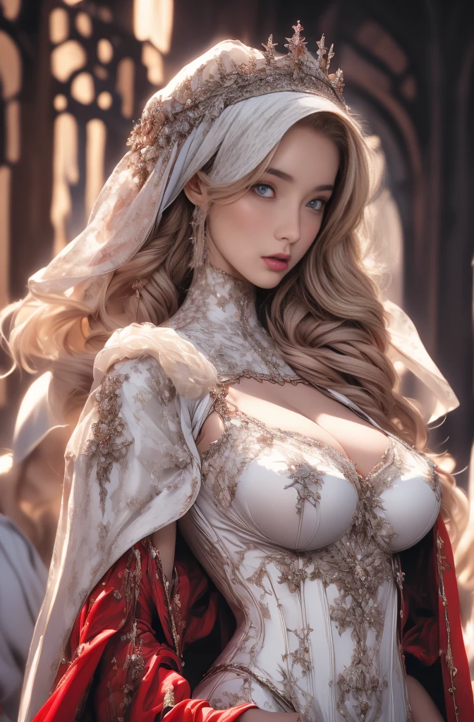 a  portrait of a  [vixen|goddess] , fur armor,viking warrior, fur,, <lora:adventurers_v1:0.75>,  perfect face, pretty face, red eyes, brown hair, long hair, huge breasts, lush detail, absurdres,