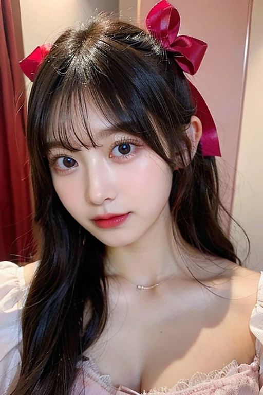 hay una mujer con cabello rosa y un vestido rosa posando para una foto, ulzzang, bella delfina, peinado kawaii, chica anime en la vida real, linda chica kawaii, retrato realista kawaii, maquillaje popular de corea del sur, peinado kawaii, maquillaje coreano popular, muchacha coreana, Cabello rosado y ojos cian., pale korean adorable face, peinado de coletas