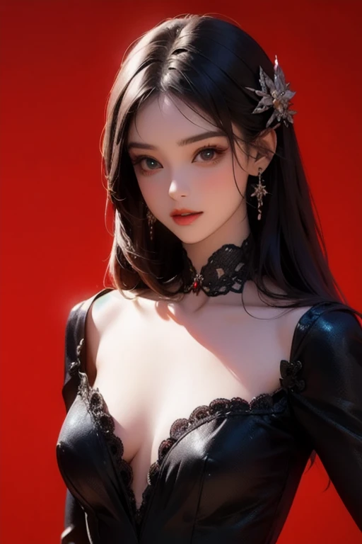 best quality, masterpiece, highres, 1girl, lingerie china armor, hair ornament, necklace, jewelry, Beautiful face, upon_body, tyndall effect, photorealistic, dark studio, rim lighting, two tone lighting, (high detailed skin:1.2), 8k uhd, dslr, soft lighting, high quality, volumetric lighting, candid, Photograph, high resolution, 4k, 8k, Bokeh, medium breasts, (light pink lips), 1 beautiful devil woman from hell, In the Dark: 1.6), surreal female portrait by David Hockney and Alphonse Mucha, fantasy art, korea doll, photorealism, dynamic lighting, artstation, poster, volumetric lighting, very detailed faces, 8k ultra, Awarded, in the dark, deep shadow, low key, cowboy lens, (Red phoenix dress: 1.4), long hair, black hair, bust, luxurious palace, Royal style, devil crown, red eyes make up very sharp and detailed, The most beautiful face, The breasts are very big and round and round, Super realistic, chinese women's clothing, polo neck sweater, Charming smile, The eyes are very well made up, guweiz, devil style, wearing black mesh socks, Ponytail with a bow tied at the back of the hair, Red black lips, Devil tattoo on shoulder, wearing a thin red and black robe, the landscape is overcast and thunderous, (Portrait), Close-up of the main character, (Background details 1.8),