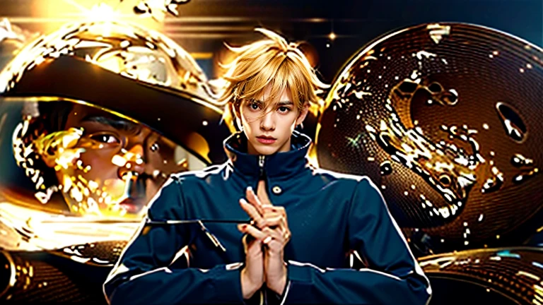 tmasterpiece,best qualityer,Wukong,SuperSaiyan,A yellow-haired,Golden robe,Wear DJ headphones