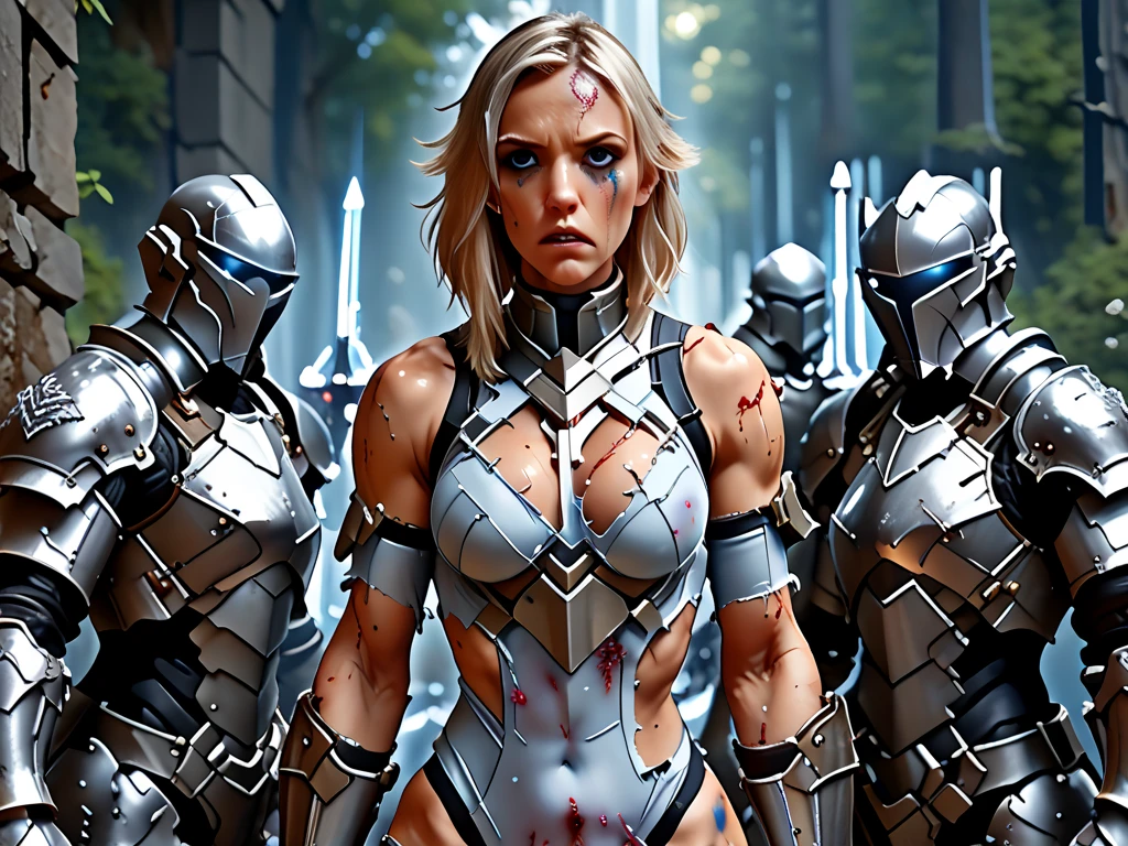 woman, bobcut, blondehair, ((black skin:1.4)), adorned in medieval armor, twerking, metal muscles, emanating a medieval elegance and marvel, armor pump boots, chrome bra, chrome silver tiara, small armband, (shoulder armor), gauntlets, ((small armored bikini:1.5)), sword, shield, exposed midriff, (puffy lips:1.3), detailed eyes, ((slendered abs )),((huge breastull bodied), wide hips, (puffy lips:1.5), slender abs,rim lighting, side light, cinematic light, ultra high definition, 8k, film grain,best shadow, light particles, detailed skin texture, detailed gem armor texture, detailed face, intricate details, super detailed, bright, spiked heel boots