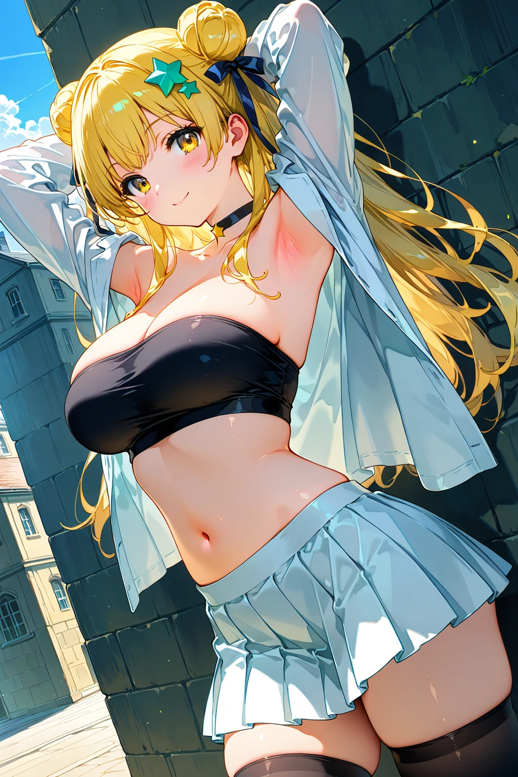 sensual, long blonde hair, thick thighs, 8K, 4K, highest quality, High resolution:1.2), cute anime face, noise reduction, shining blue eyes, gentle smile, kind eyes、(((Upper body)))、toned abdominal muscles, muscular arms, muscular legs, young face, anime eyes, (((big breasts、Breasts that are about to burst、emphasize the breasts)))、((calvin klein))