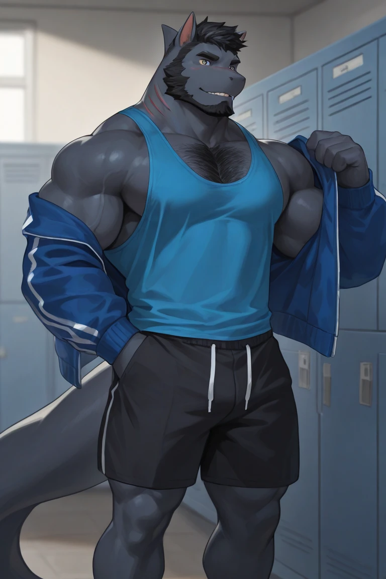 (side view:1.1)by personalami, by meesh, by honovy, by taran fiddler, male, solo, anthro (wolf;1.1), (blue fur:1.1), blue skin, white chest fur, ,adult, ((photorealistic, hyperrealistic, ultra detailed, 4k hd)), natural pose, (muscular, large pecs:1.3), ((standing)), ((black wrestling singlet:1.1)), ((looking at viewer, confident smile)), bulge, ((pose:1.2)), ((locker room background))