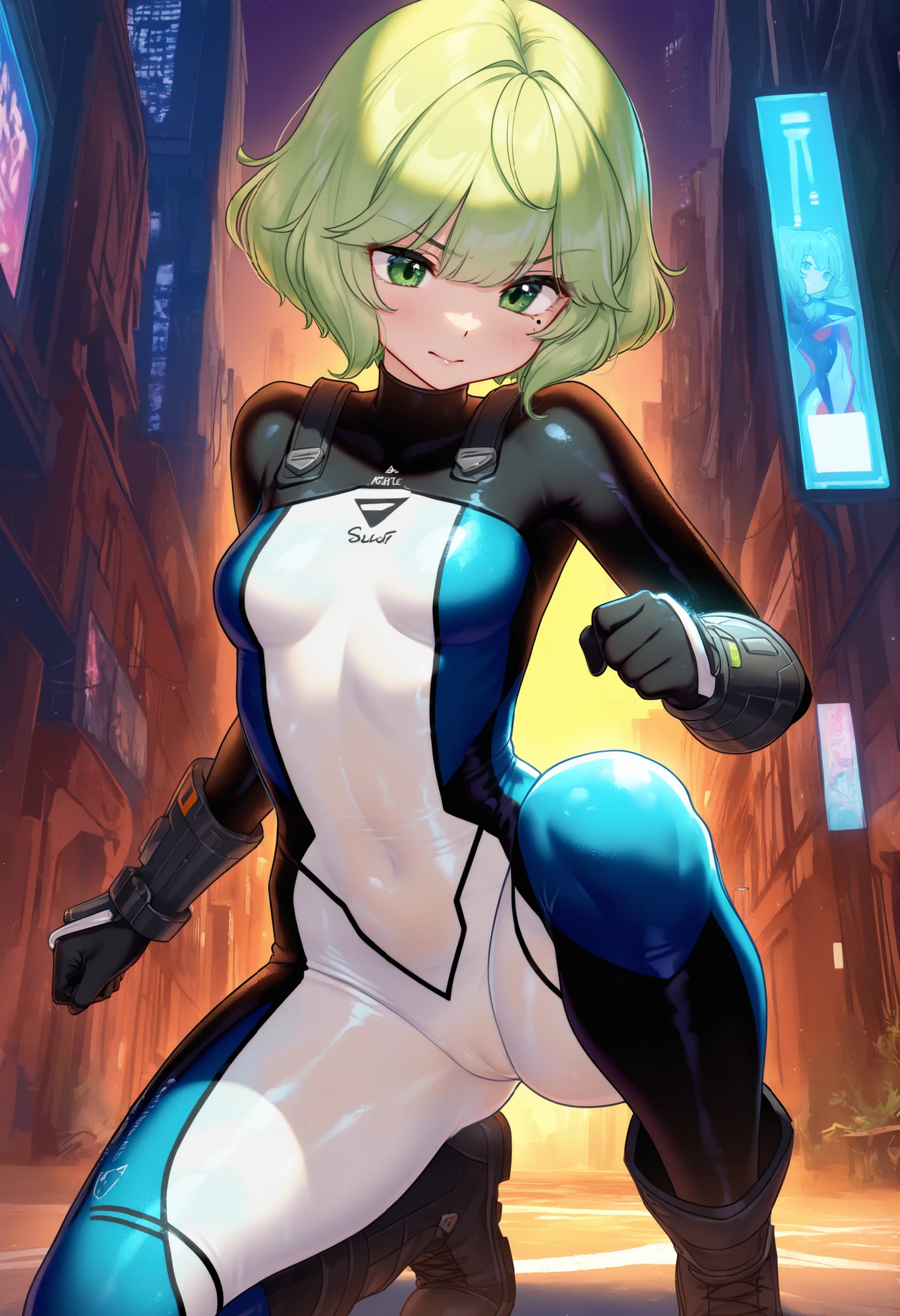 Thunder backdrop, thunder ranger, loli face, small breast, tight suit, speedy thunder, alien weapons , yellow hair