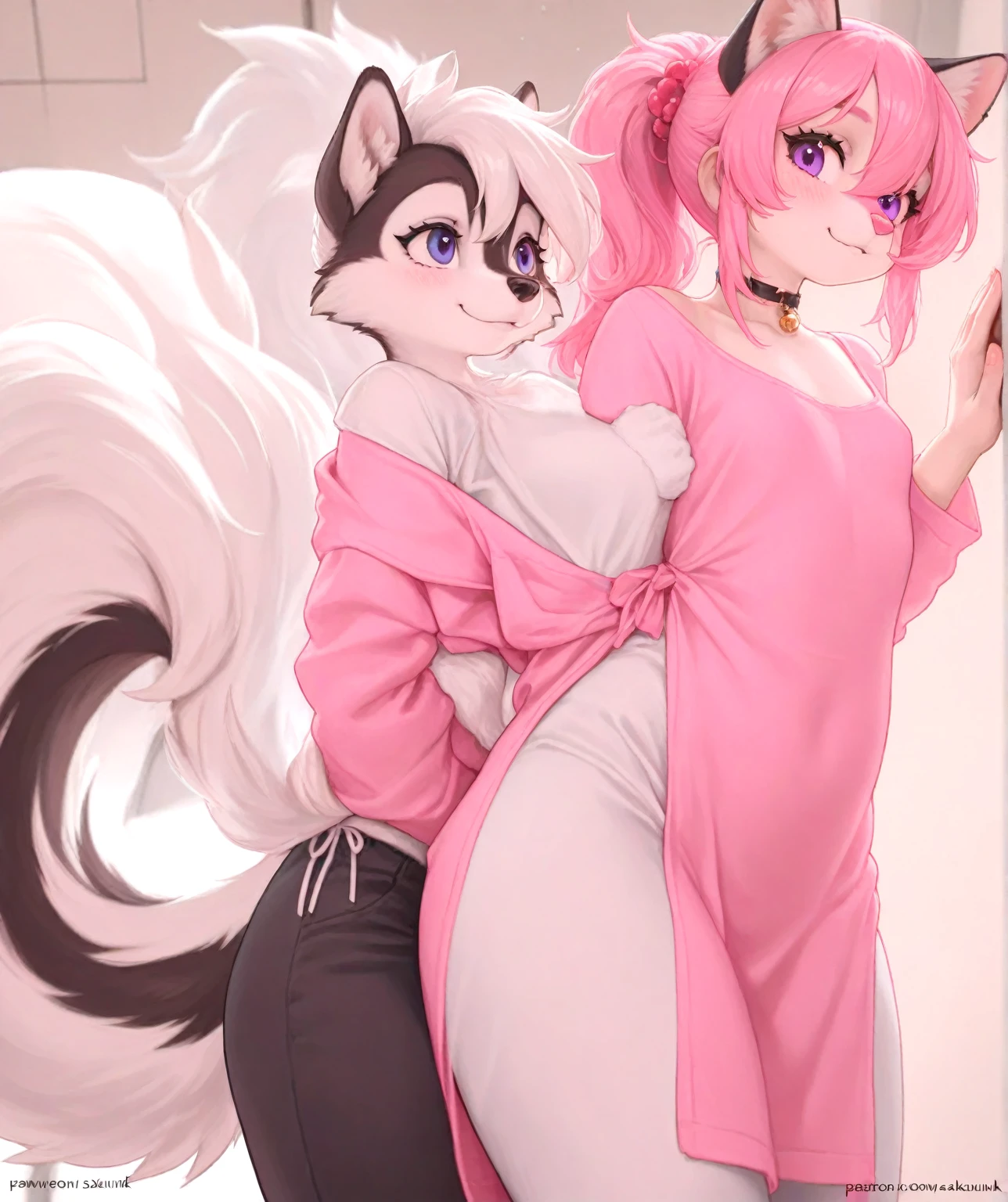 ((masterpiece, best quality, hug)), (Anthro furry:1.3, anthro:1.3, hairy:1.2, fullbody:1.2, neckline, smile), by teranen, (coffeesoda:1.1), teranen, fox, anthro, female, pleasure face, Breathless, very chubby, ass, curvy thighs, huge thighs, pink right iris, pink left iris, pink body, big boobs, chubby, white hair, white bangs, pink hair, pink ears, chest fluff, ((duo)),  orange fox, femboy, purple robe