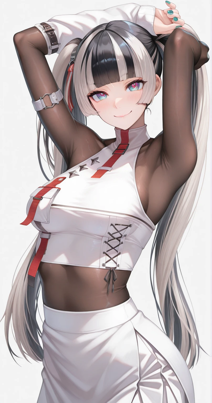(absurdres, 8k, 4k, masterpiece, hyper extreme detailed:1.2), solo, 1girl, front view, portrait, best quality, perfect face, 1girl, portrait, solo, standing, Female, toned body, mature female, EJP breasts, , long hair, delinquent, sarcastic, swept bangs, midriff, exposed collarbone, exposed left shoulder, standing up, half body, shorts, bound, bondage, (arms behind back:1.4), bdsm, restrained,