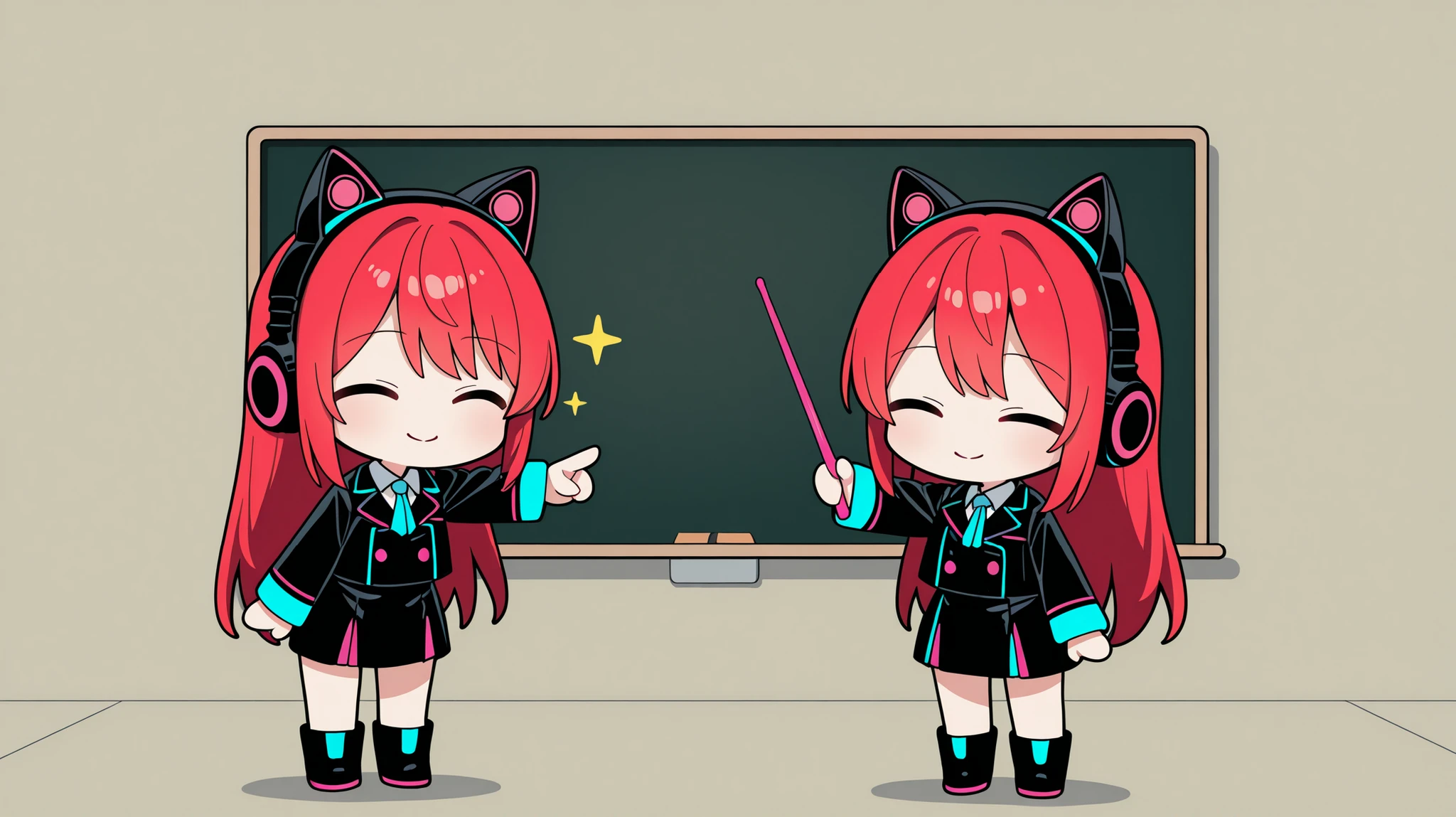 A clean and simple chibi-style anime girl with long red hair and cat-ear headphones, inspired by a gamer aesthetic. She is standing in the left corner of the image, facing forward, smiling gently. She is wearing a black outfit with colorful neon accents and black boots. The chibi girl is holding a teacher-style pointing stick and standing in front of a clean, empty blackboard. The background is minimalistic with soft shading and a slight shadow under the character for depth. No text, no additional elements — just the character and the blackboard.