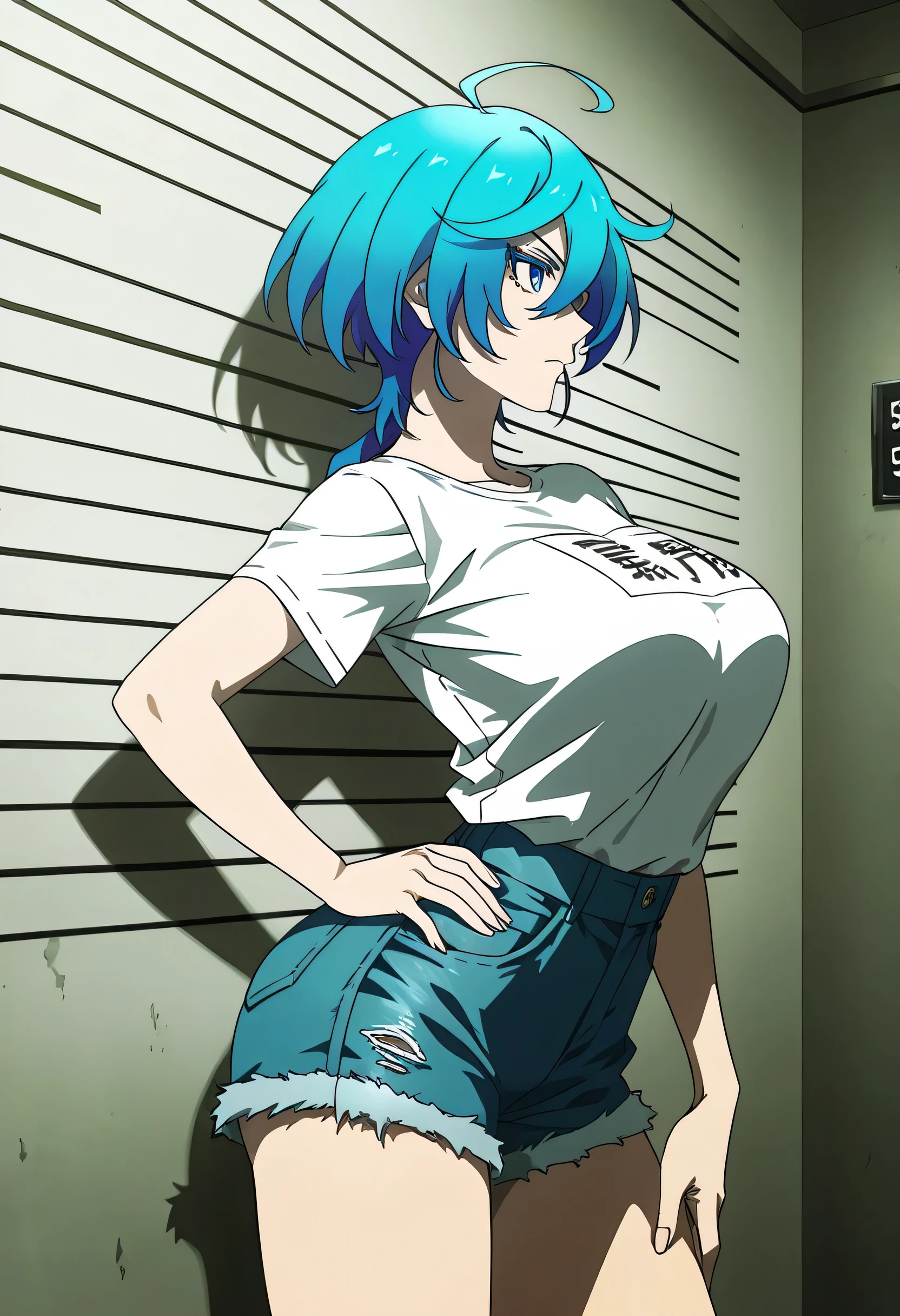 Isemi Tina , Blue hair, big breasts , white Tight T Shirt , denim shorts , hand on hip , arched back , casual stance , mugshot room