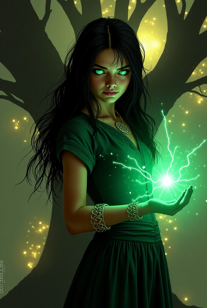 Female fantasy character
Sorcerer and druid
Dark green hair, yellow eyes, visible freckles