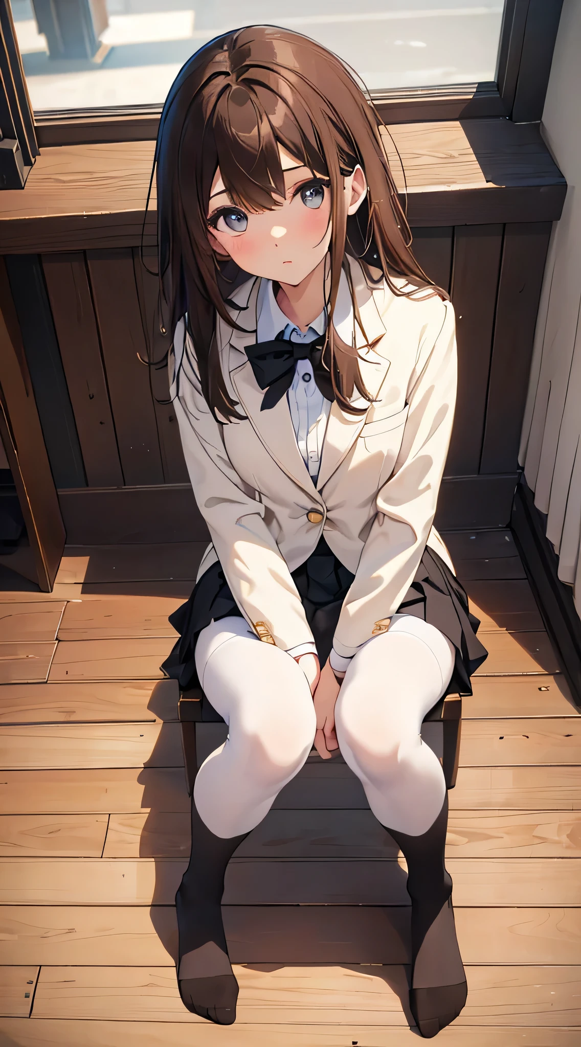 finest, masterpiece, High resolution, (Full body view from head to toe), front, frontやや下からの構図, Symmetrical, 18 year old tall girl, alone, (whole body from head to toe), (small breasts), messy brown hair, bangs, (black tights), (black pantyhose), (sitting with legs spread apart), (squating pose), (composition showing white panties), (Her legs are spread open and her white panties are visible.), (made to sit on the floor with legs spread), (M-shaped legs), Slender legs, A very beautiful and tall 18 year old girl, (not wearing shoes), blush, shy big eyes, looking at camera, Blazer Uniform, Plaid pleated skirt