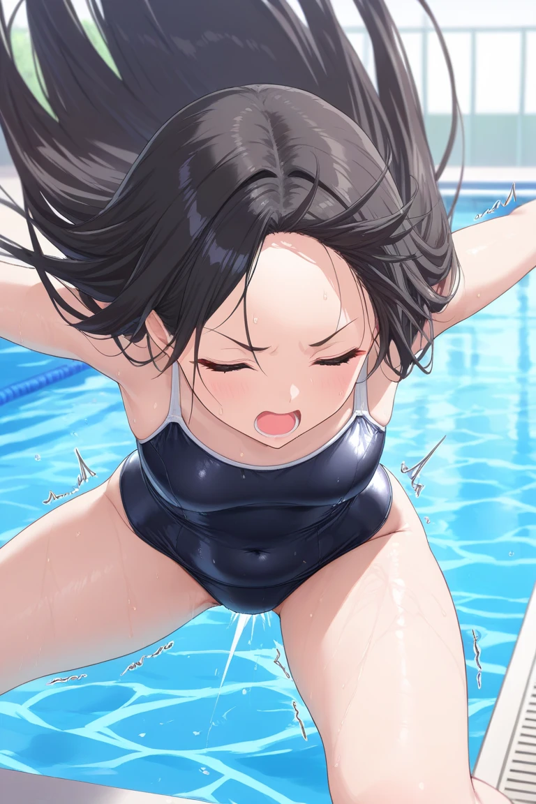((masterpiece, highest quality:1.2)),nsfw,vaginal penis,1man and 1woman,POV,having sex:1.5,doggystyle,cowboy shot,1woman,20 year old beauty,Japanese,solo,((very small head)),short bob hair,black hair,black eyes,blunt,crying,drooling,((very long and slender body)),skinny,toned body,medium breasts,oily skin,shiny skin,wet,Immersed in water、swim、Navy blue student swimsuit,standing split,Pool、Academy、Outdoor、
