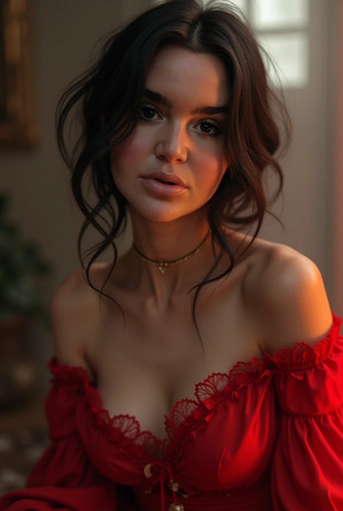 ((best quality)), ((masterpiece)), (detailed), perfect face realistic photo of beautiful woman with long dark brown hair, Russian, influencer, light freckles, dark brown eyes, big lips, no makeup, instagram, standing in front of a black wall with bunch of black and gold balloons, baroque, in a red dress posing for a picture !!! haute couture!!!, promo shot, red lace, official Versace editorial, official render