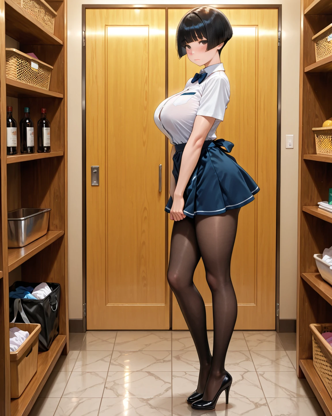 Japanese women、(In the elevator, a man and a woman are standing behind each other.)、full、Are standing、(Small areola:1.2)、(Small breasts:1.2)、(bangs)、 (masterpiece, Highest quality), ((Looking into the camera)),(((I can see your chest))),(Nipples are visible), whole body、I can see your thighs、(((Light brown hair))),Correct number of arms、(short hair)、(Disheveled Hair)、blue striped necktie, vest-dress uniform、((small hat)), white formal short gloves,(black high-heel), elavator operator,Japan Elevator Girl、little smile,white blouse,tight blouse、(((navy bowler hat))),(navy hat), (((white gloves))), short gloves, high heel、Dressed up