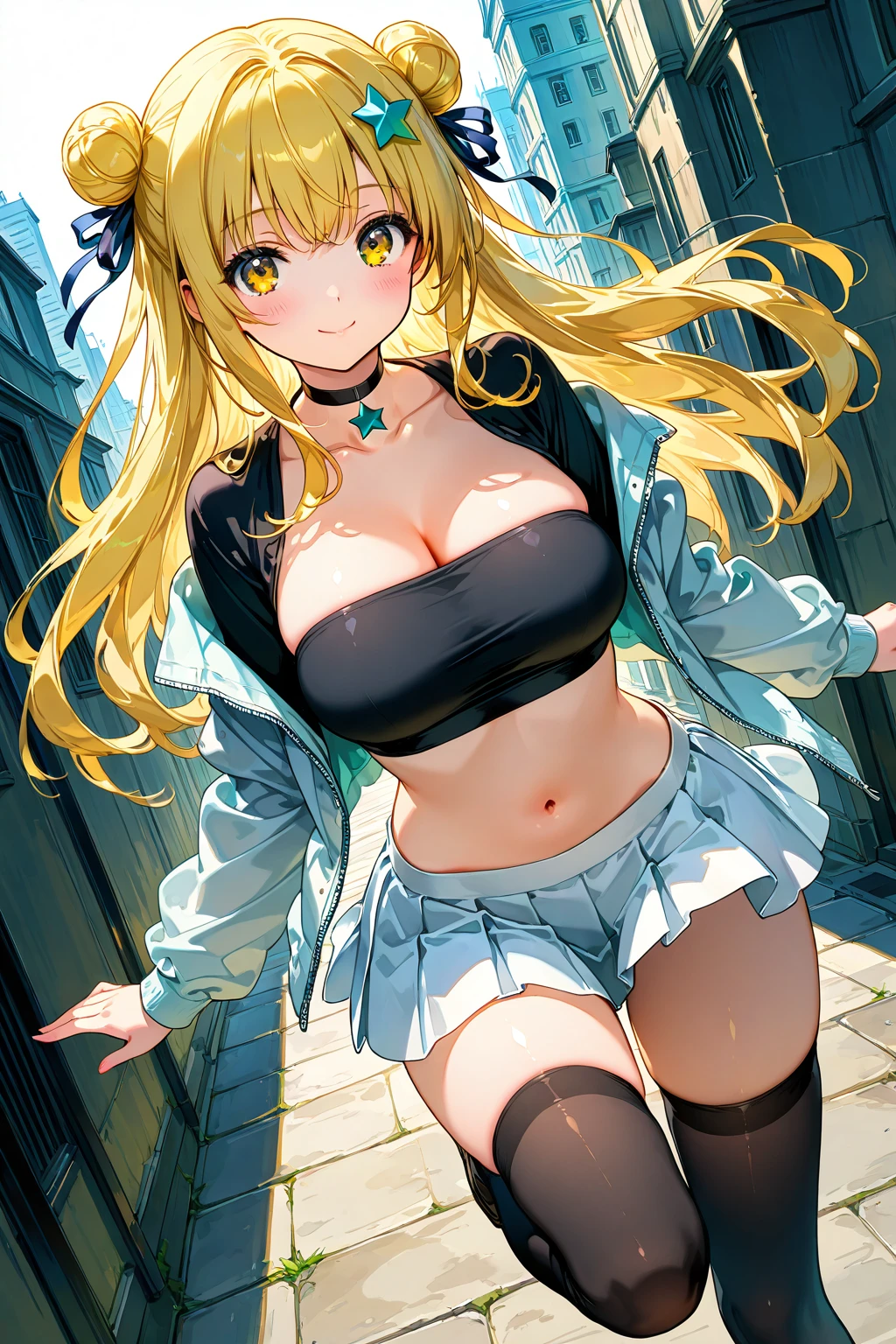 blonde, navel, gal, blush, invincible smile, creepy smile, erection, (brown skin:1.2), big tits, wet teka, photography, best quality, masterpiece: 1.2, (realistic, photorealistic: 1.37), fine lashes,, areola look, panties, wet uniform, schoolgirl, dark blue pleated skirt, brown skin, summer clothes, wet shirt, naked