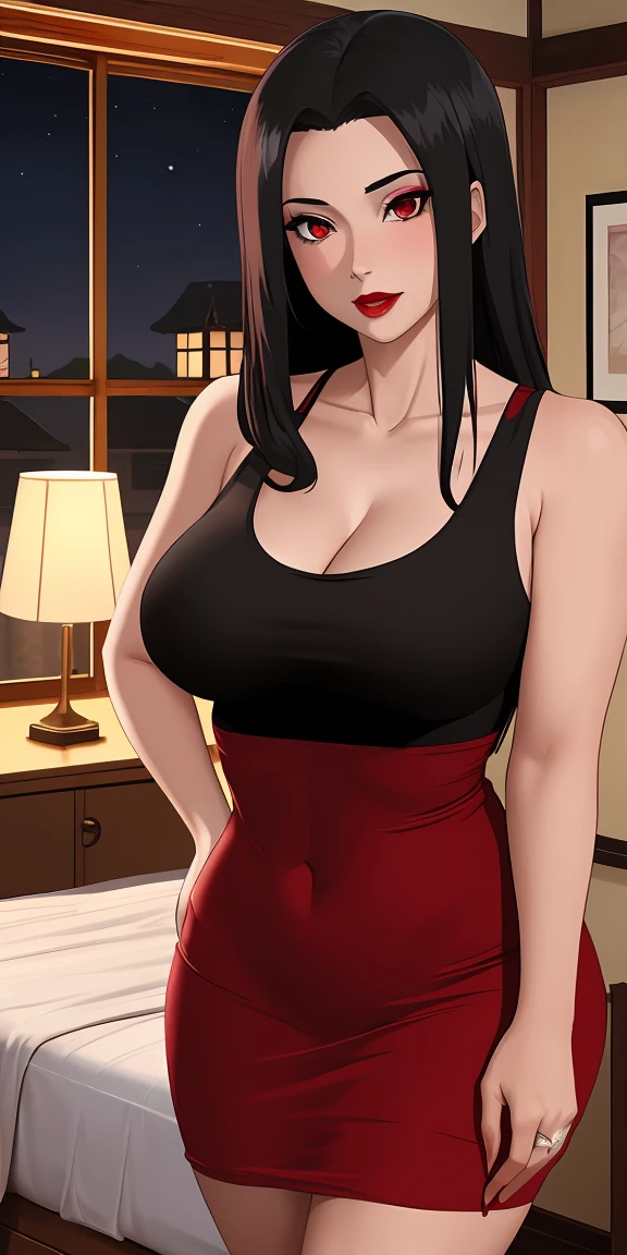 1girl,solo,long hair,smile,black hair,dress,jewelry,closed mouth,closed eyes,upper body,earrings,necklace,mole,blurry,eyelashes,mole under eye,makeup,red dress,lipstick,realistic,red lips