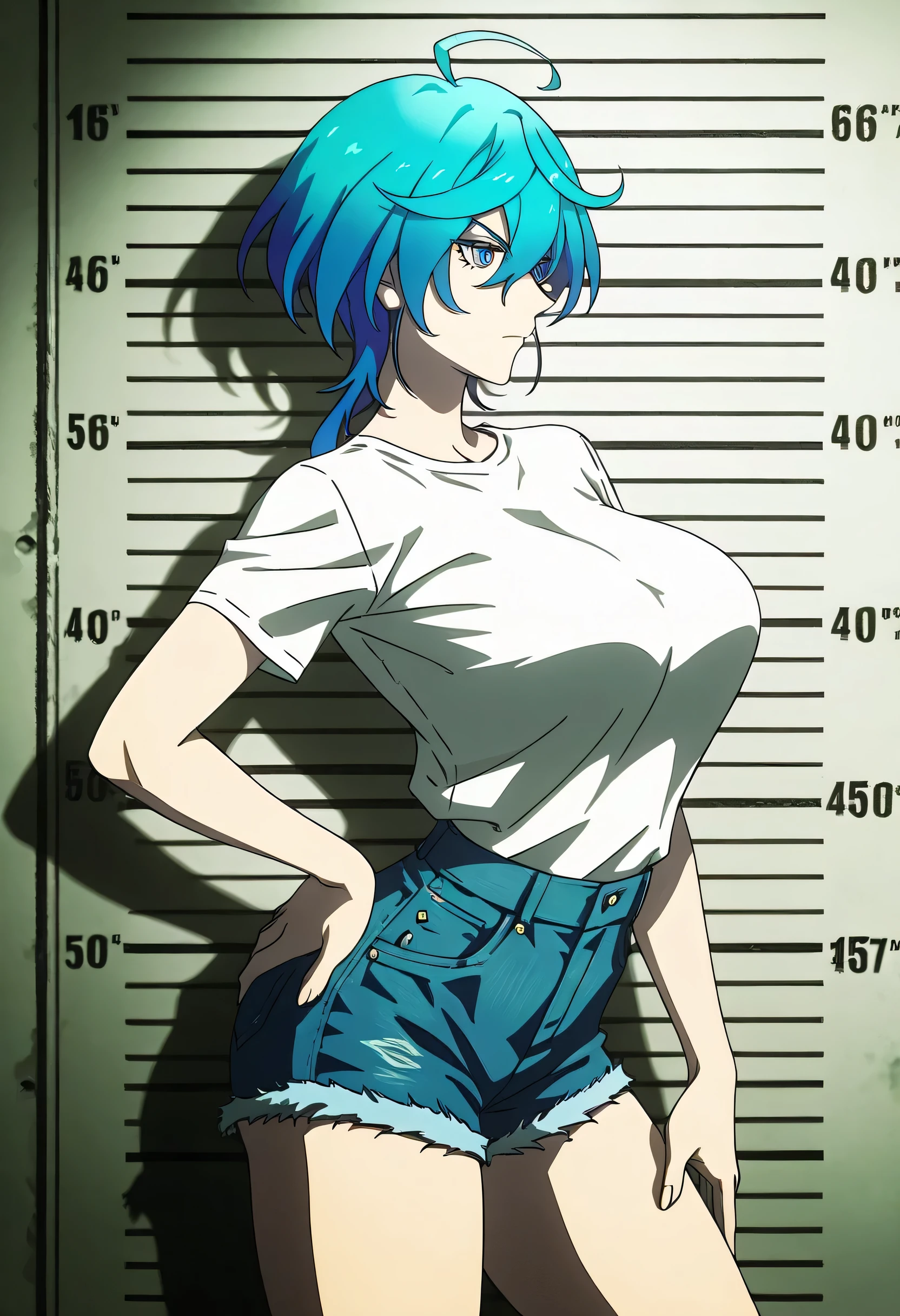 Isemi Tina , Blue hair, big breasts , white Tight T Shirt , denim shorts , hand on hip , arched back , casual stance , mugshot room