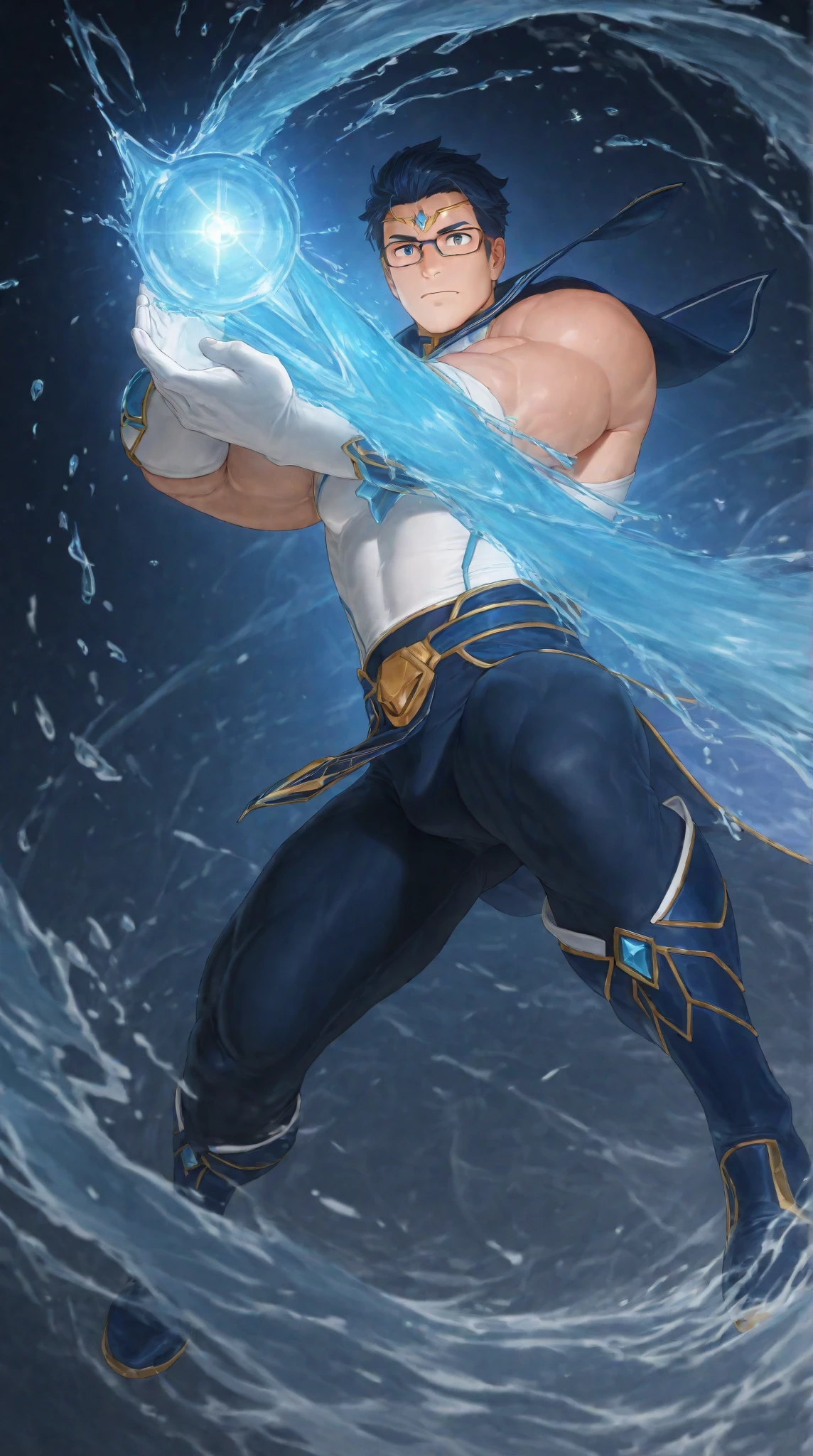 highres, masterpiece, high definition, high quality, realistic, 1boy, archie \(pokemon\), muscular male, dark skin, blue bandana,large pectorals, abs, penis, frenulum, glans, laying in bed