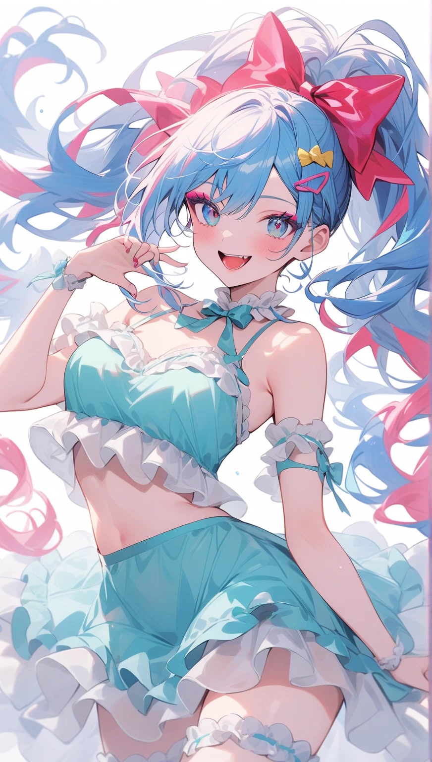 Voom is a pastel blue girl shark with a scalloped pattern on her , coming in a rainbow gradient. she have sharp teeth and dark pink blushed cheeks. SPARKLE; GLITTER