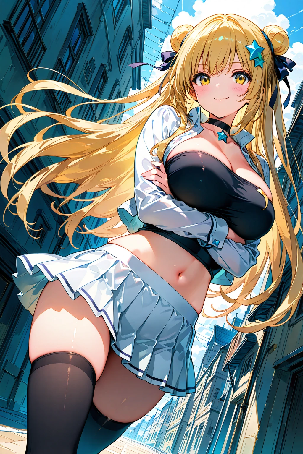 Anime style, super fine illustration, highly detailed, beautiful detailed, pale tone image, static representation, gentle expression, 8k, pretty 1girl with blonde straight short hair & blue eyes & a bright smile & full bust & soft fair skin is wearing big white business shart not to show her skin & black tight skirt & 1business bag, on the business building street, in the morning, brilliant particles of lights, romantic stories, solo, perfect 5fingers, perfect arms, perfect legs, masterpiece.