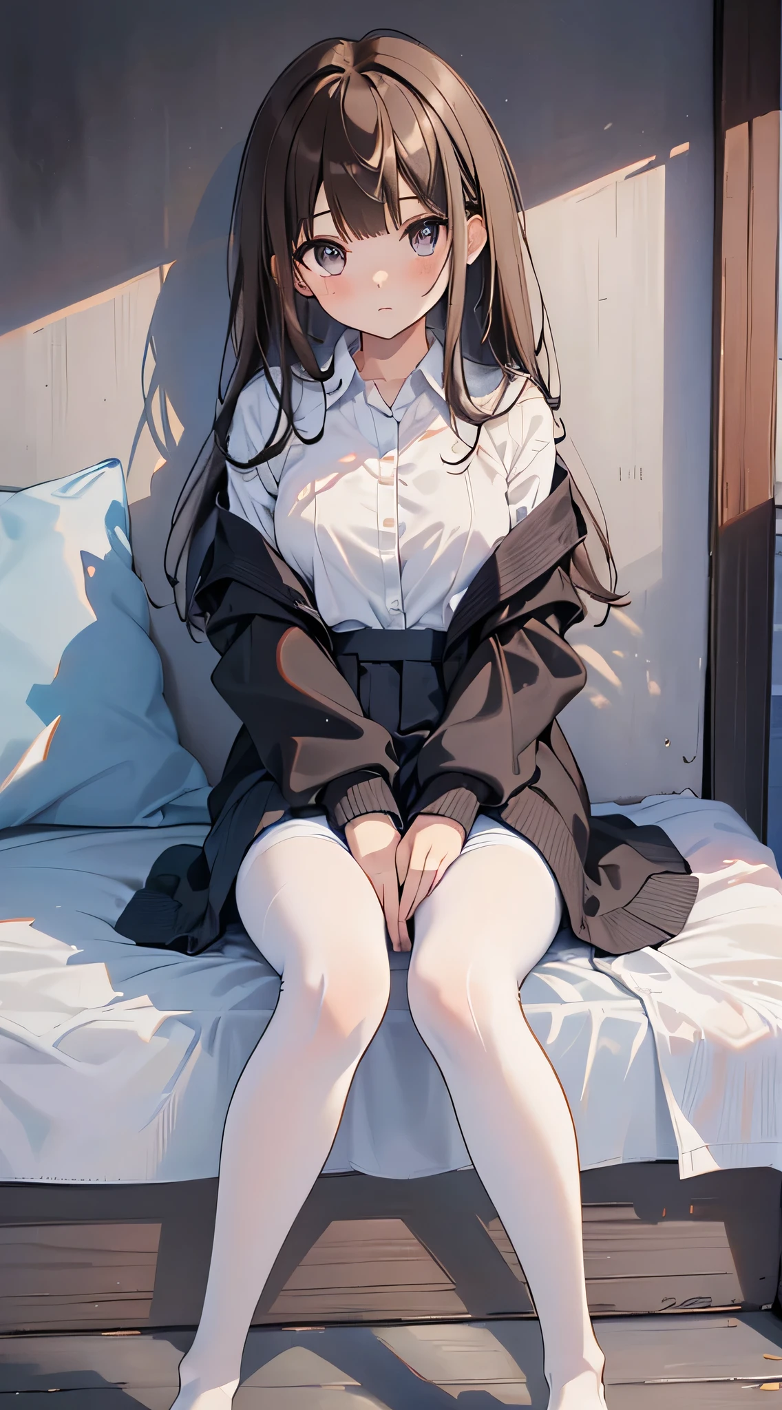 highest quality, masterpiece, High resolution, (Head to toe full body view), Front view from slightly below, Symmetrical Configuration, Precisely balanced composition across the body、18-year-old, Slim and beautiful girl, alone, (Small breasts), (No shoes), Long brown hair, bangs, (Black Pantyhose), (Sit on the floor with your legs open), (Spread-legged pose on bed), (Her legs were spread、White panties are visible.), (Open your mouth with a pained expression), blush, Shy big eyes, Looking into the camera, high school girl'Blazer uniform, Checkered pleated skirt