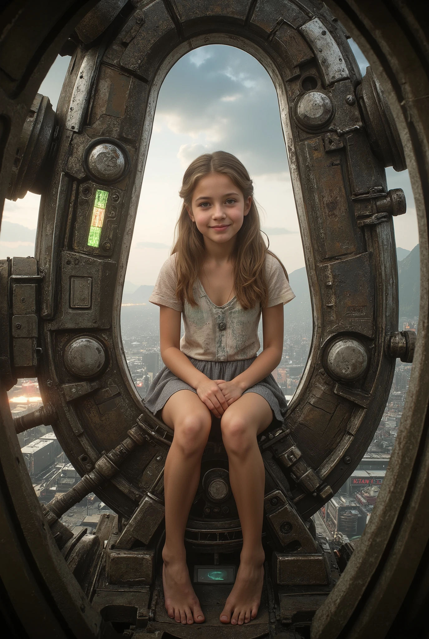 highly detailed, 8k, masterpiece, One girl, brown frills_hair_tube, dress, bend_that's all , Grin, (perfection_face), Sitting, machine, Brilliant, Complex, Dramatic lighting, 4K, detailed_background, Caustics, full_body, (Surreal:1.3), bloom,(Beautiful lighting:1.3), Caustics, Dynamic Lighting, Beautiful lighting, (Dakota Fanning:0.5)